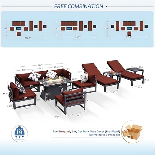 Miniatura 872 de NICESOUL 7 Piece White Powder-Coated Aluminum Patio Furniture with Fire Pit Table, 29 Inch Extra Wide Outdoor Sectional Sofa for 6, High-End Heavy