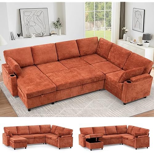 110” Chenille Reversible Sectional Sofa w/Pull Out Bed & Storage Chaise, U Shaped Couch w/Storage Armrest & Cup Holder, Corner Sofa w/USB Charging Port & Throw Pillow for Living Room, Orange