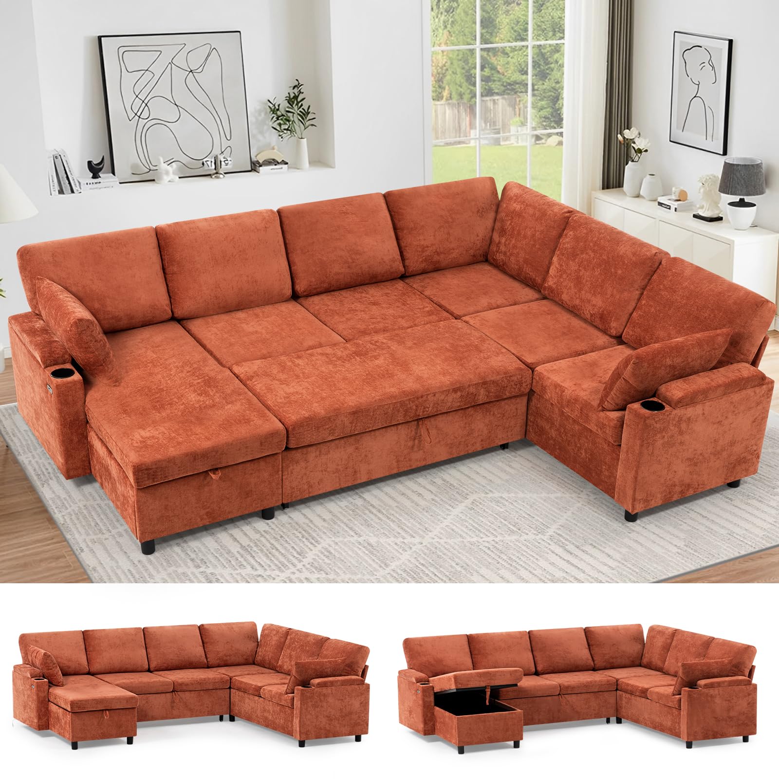 110” Chenille Reversible Sectional Sofa w/Pull Out Bed &amp; Storage Chaise, U Shaped Couch w/Storage Armrests &amp; Cup Holders,Corner Sofa w/USB Charging Port &amp; Throw Pillow for Living Room, Orange