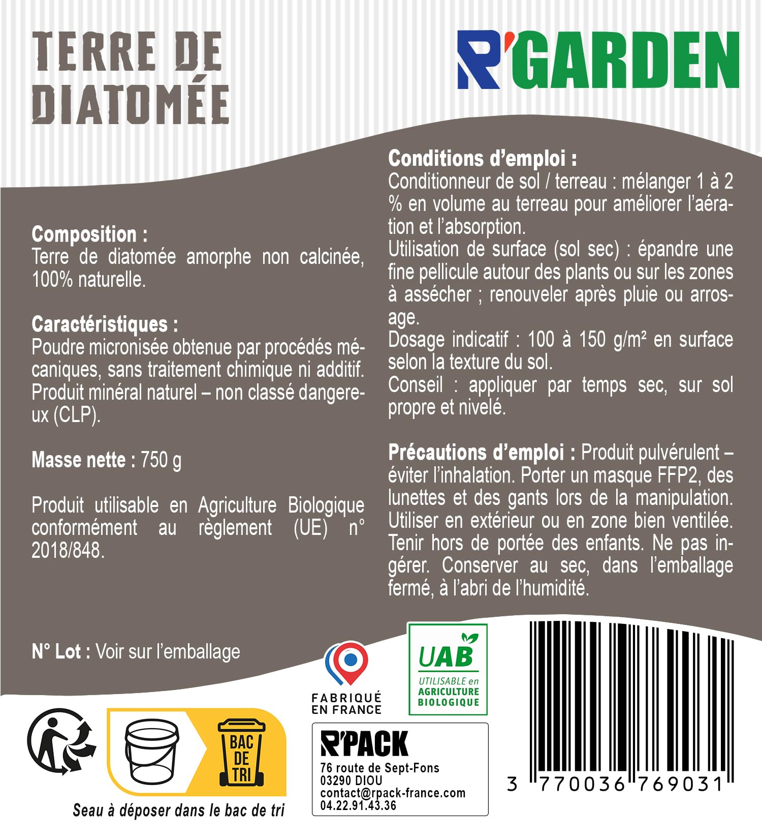 Terre de Diatomée - R'Garden | Multifonctionnelle, Qualité Premium | Seau (750G)