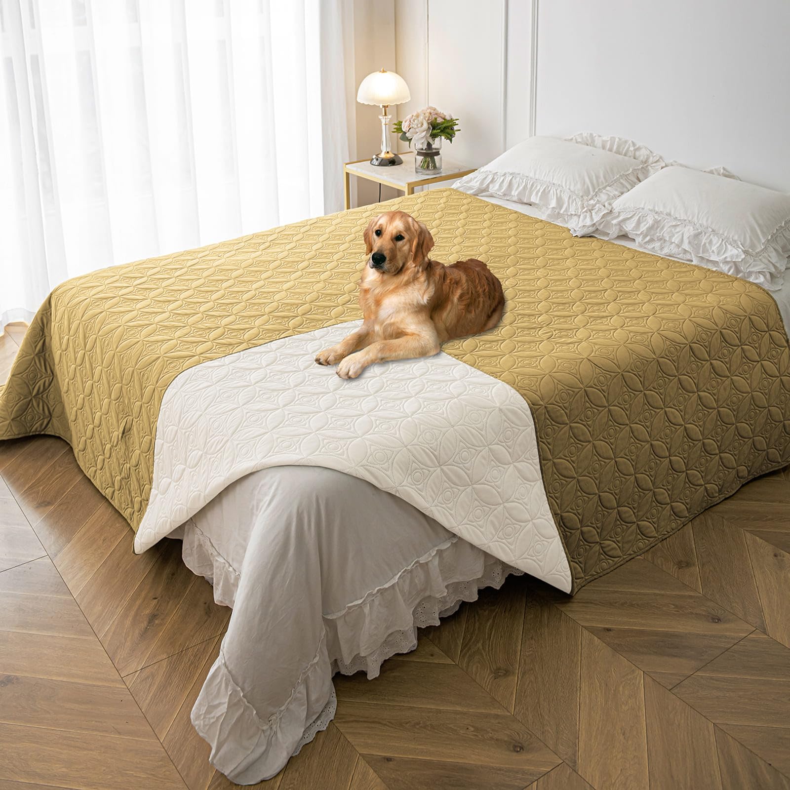 Tuffeel Waterproof Dog Bed Cover Pet Blanket for Furniture Bed Couch Sofa Reversible (Sand+Cream, 82x82 Inches) — image 1