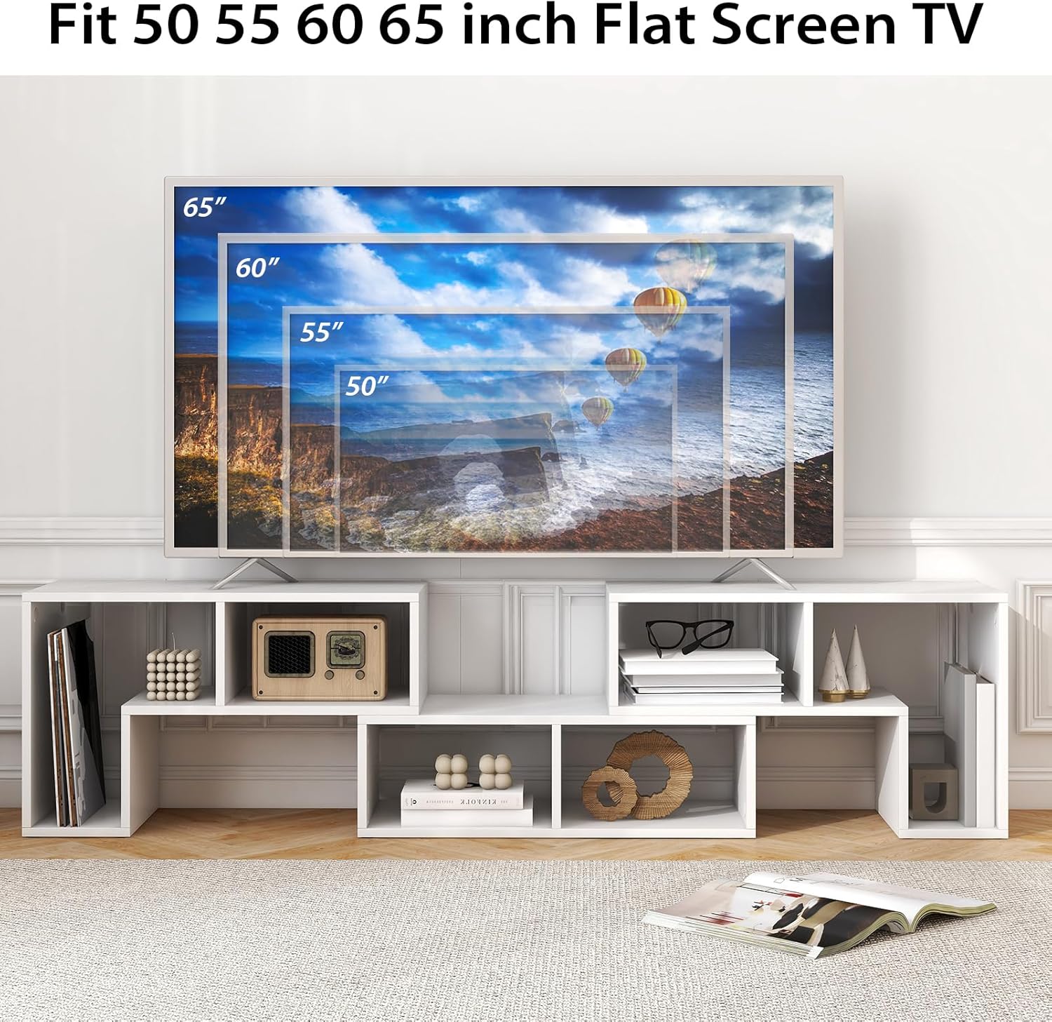 POWERSTONE TV Console Stand, 3 Pieces Combination Entertainment Center for 50 55 60 65 Inch TV, Modern Media Console Bookcase with Open Storage Shelf for Living Room Bedroom (White)