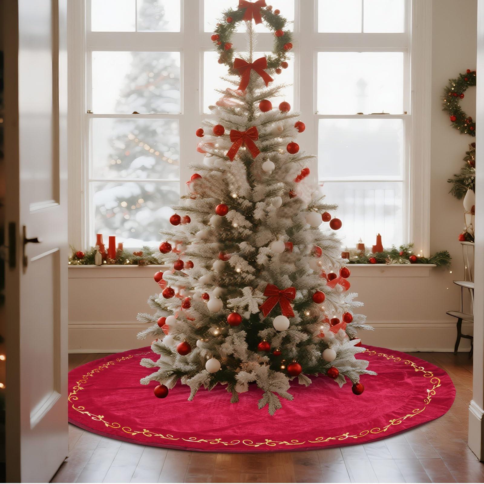 HyDren 84 inch Velvet Christmas Red Tree Skirt (Classical Style)