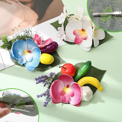 Miniatura 5 de HAIMEIKANG 3 pinzas para el cabello con flores de frutas hawaianas, pinzas grandes para el cabello de flores tropicales artificiales, accesorios