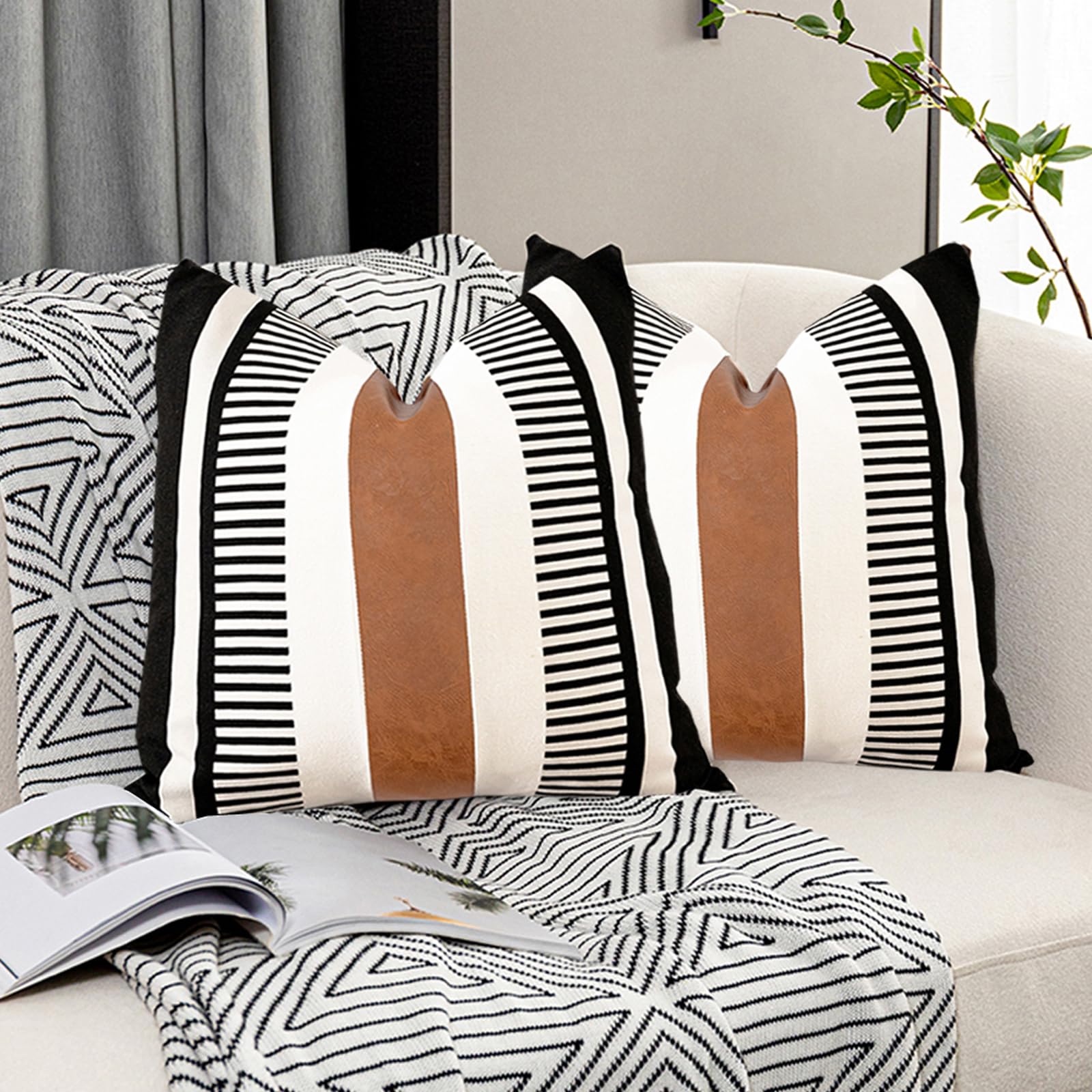 Pack of 2 Farmhouse Throw Pillow Covers for Couch Sofa Decorative Faux Leather Square Cushion Cover Tribal Stripe Accent Pillow Case 18 x 18 Inch,Black