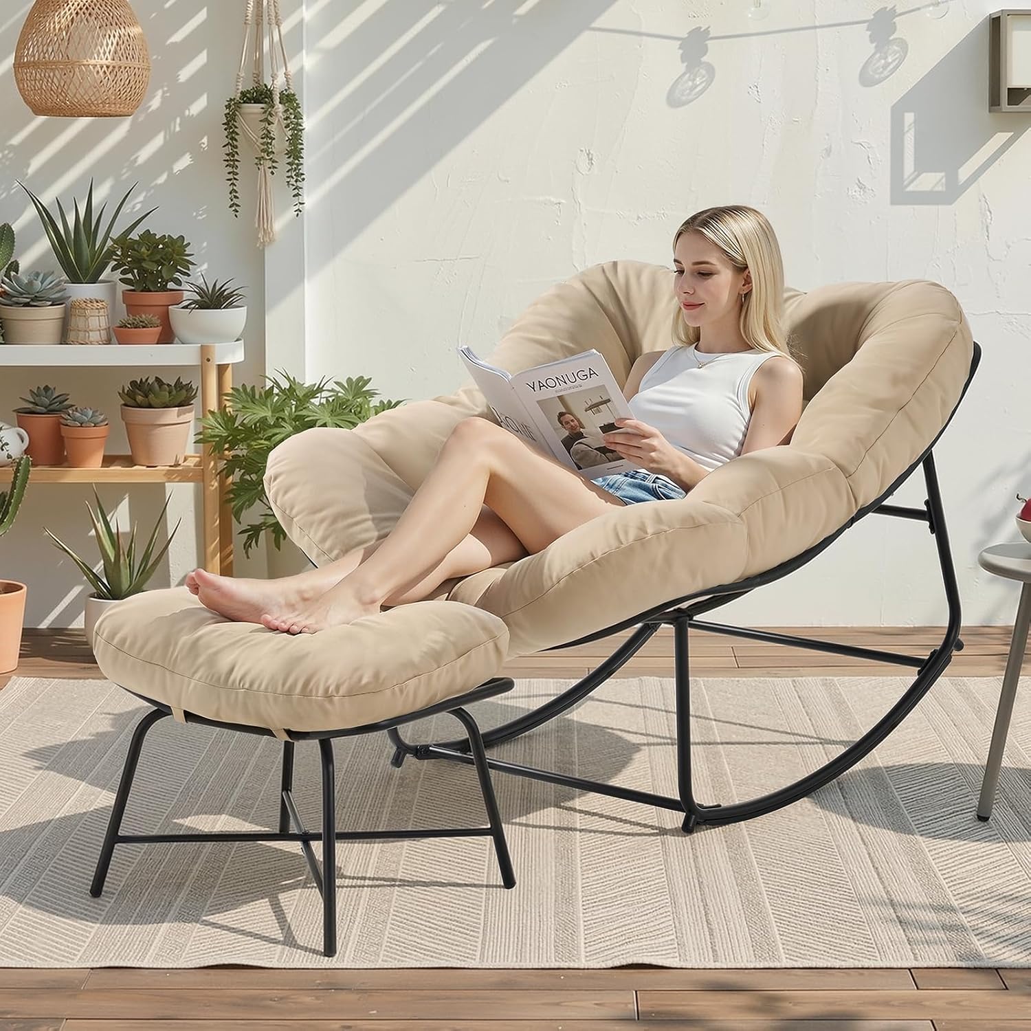 ONBRILL Outdoor Rocking Chairs with Ottoman, Papasan Rocking Chair with Padded Cushions, Oversized Patio Lounge Rocker for Living Room, Porch, Patio, Garden, Beige