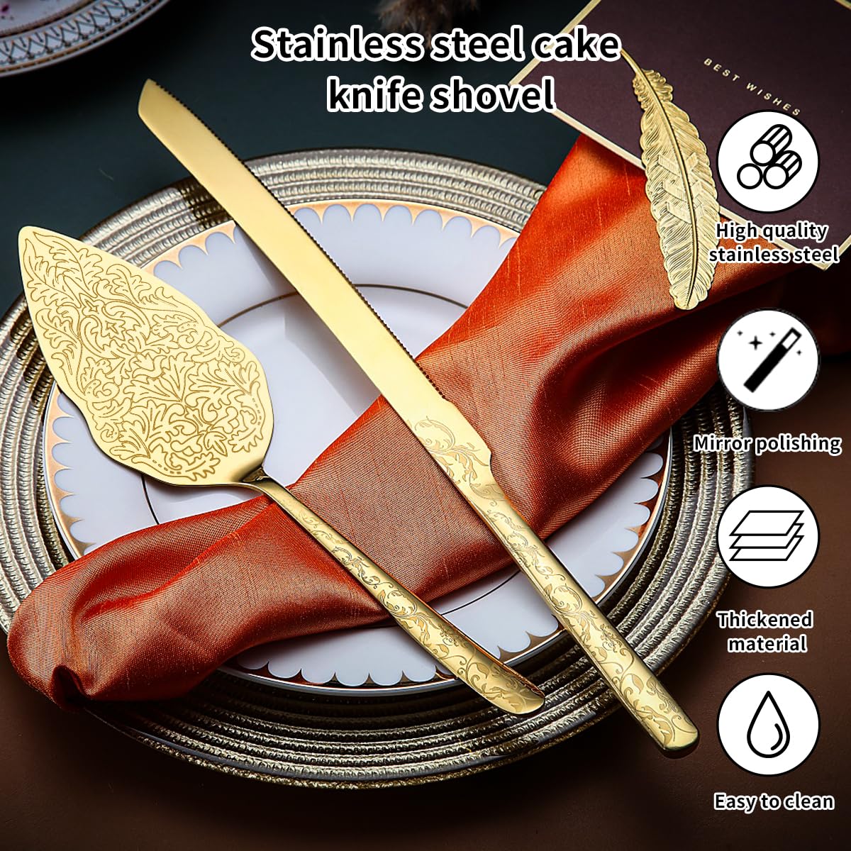 Berglander Juego de cuchillo y servidor para pastel de bodas de oro, chapado en oro de titanio con diseño de patrón único Juego de cortador de pastel para servir, perfecto para bodas, cumpleaños
