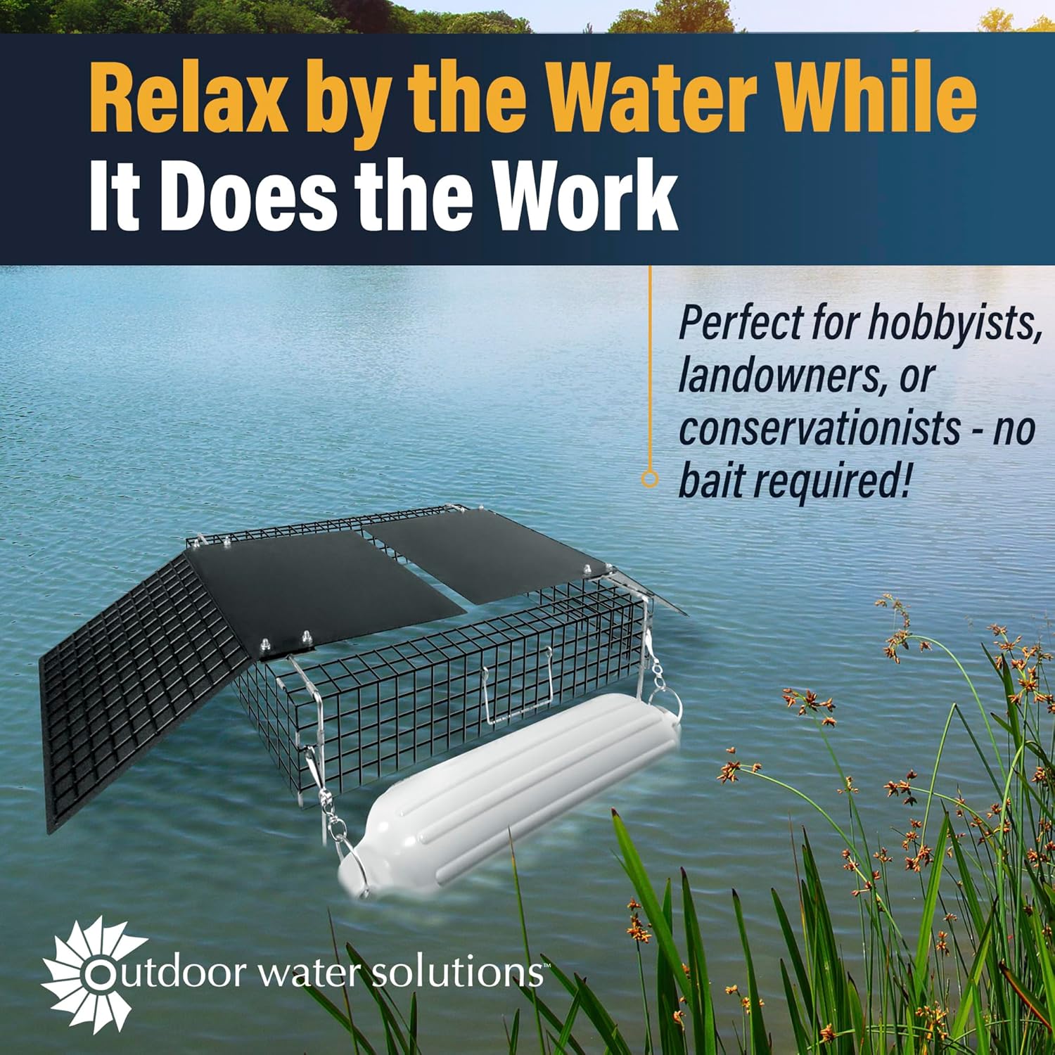 Outdoor Water Solutions Floating Turtle Trap – Heavy Duty Aluminum Frame, No Bait Required, Humane & Maintenance Free Traps for Ponds, Lakes, and Aquatic Wildlife Control - Made in The USA