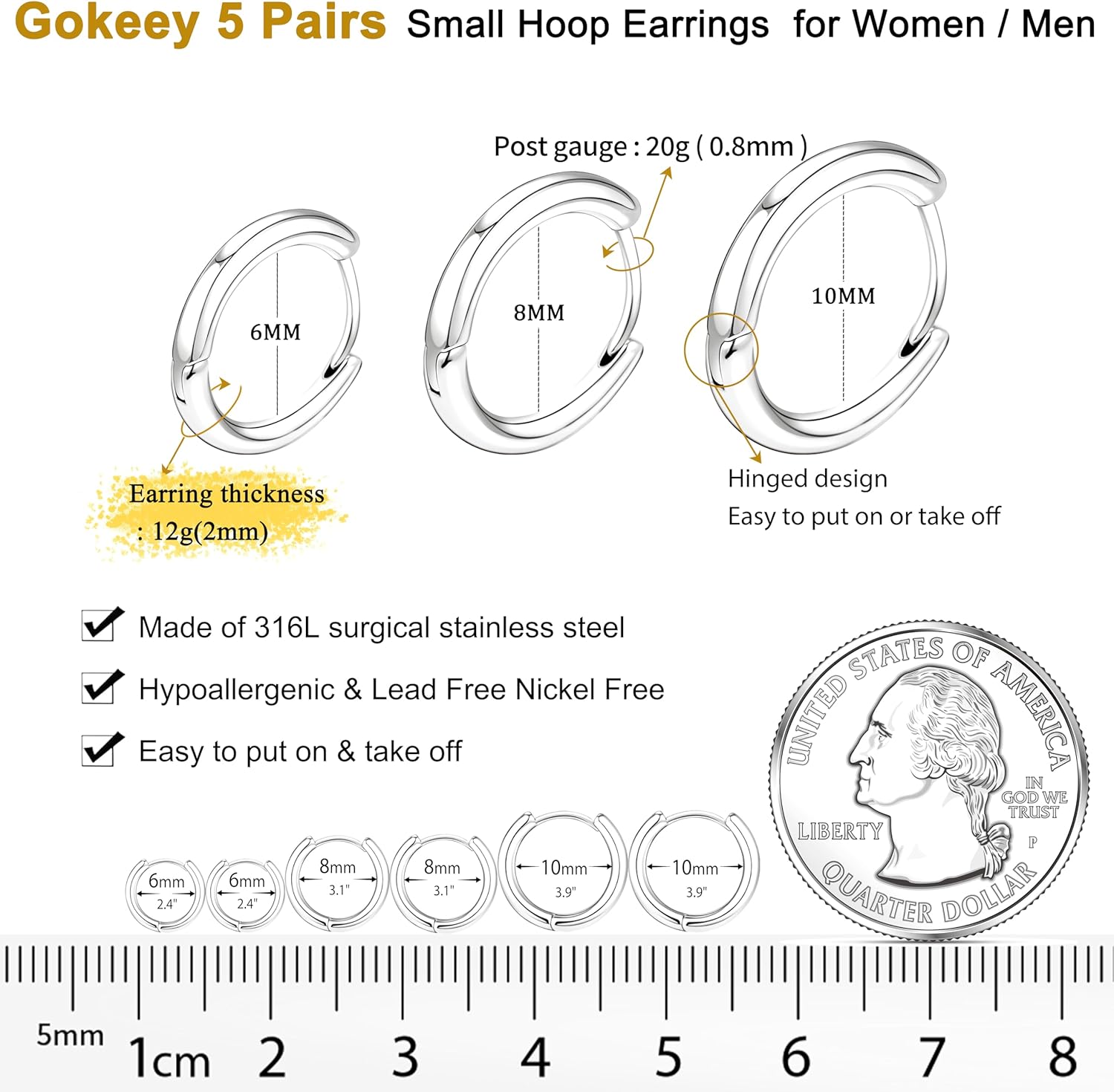 316L Surgical Stainless Steel Small Gold Silver Hoop Earrings for Women Men,Hypoallergenic Cartilage Helix Earrings for Sensitive Ears,Cute Conch Rook Tiny Huggie Hoops Earring Set for Multiple Piercing Jewelry Gift 6mm-12mm - Image 4