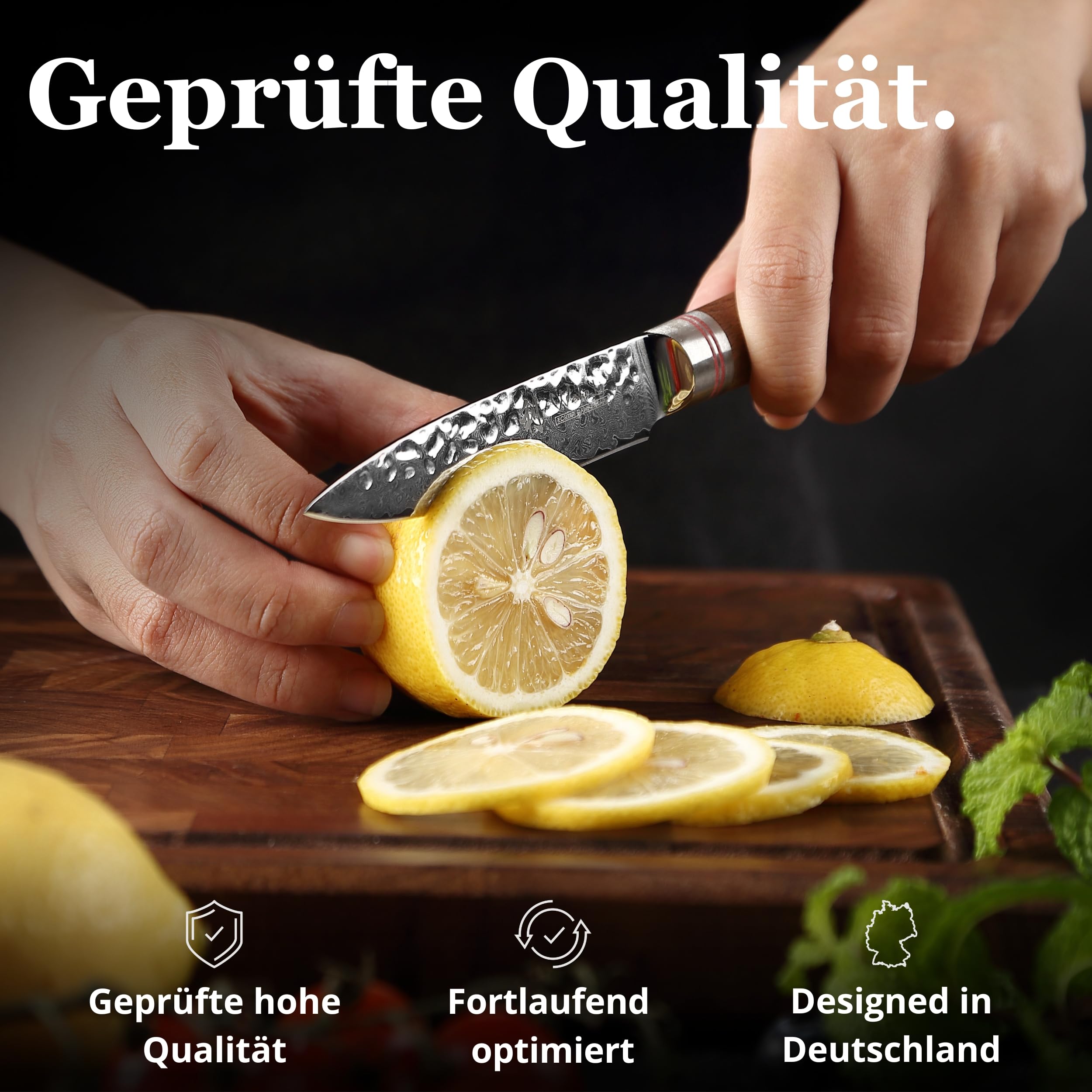 Wakoli Nussbaum Officemesser 9 cm aus 67 Lagen Damaststahl mit VG10 Kern | Mit Hammerschlag, Nussbaumholzgriff und 15° V-Schliff zum Schälen, Putzen und Dekorieren von Obst und Gemüse, in Geschenkbox
