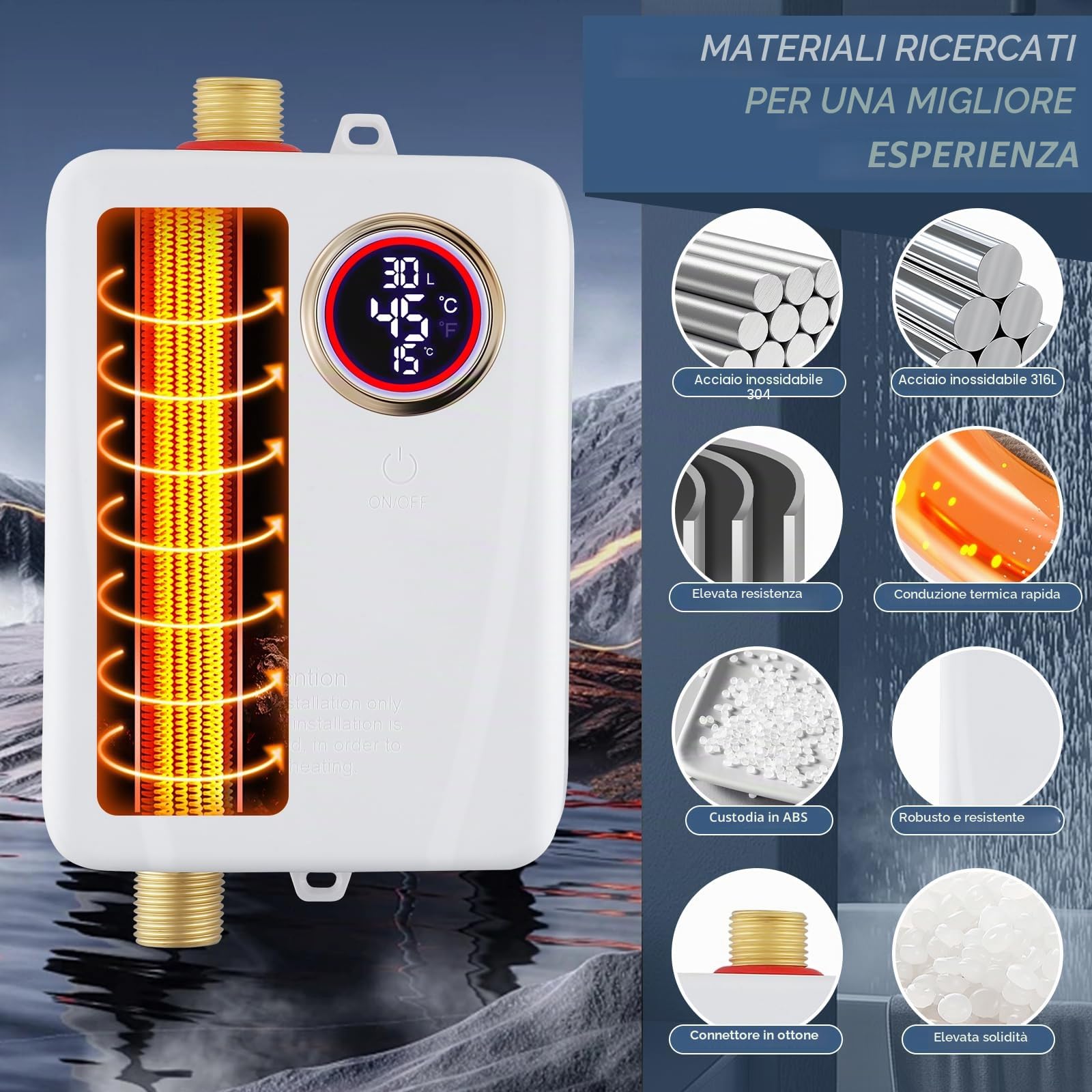 Scaldabagno elettrico 3500W 220V Mini scaldabagno con display LCD di temperatura 20-50°C, impermeabile IPX4, scaldabagno elettrico istantaneo per doccia, bagno, cucina