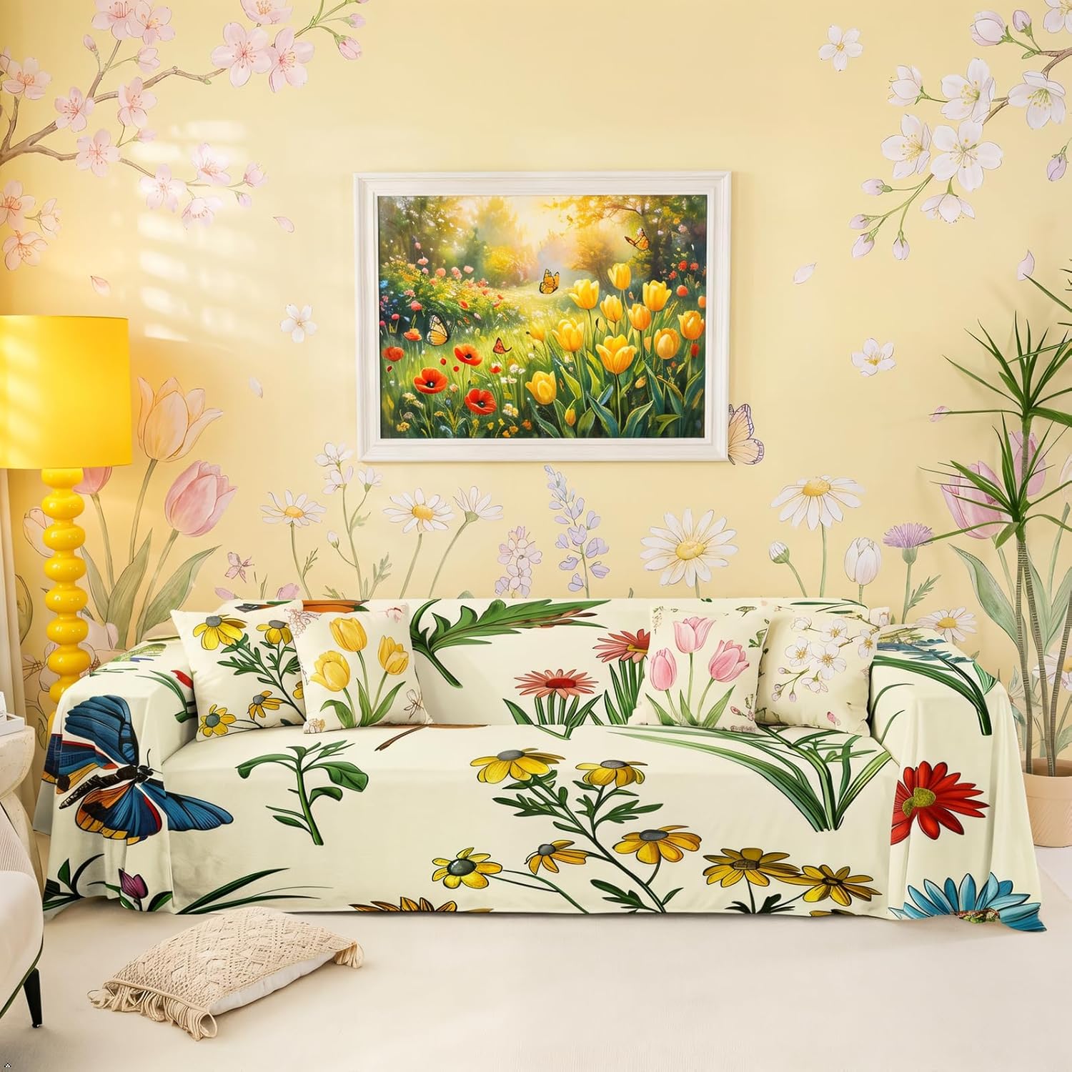 Dragonfly Butterfly Soft Sofa Cushion Covers Jungle Flowers Green Leaves Sofa Cover,Reversible Rustic Animal Design Cat Proof Sofa Slipcovers Couch Blanket Indoor Cat Couch Protector 71"x134"