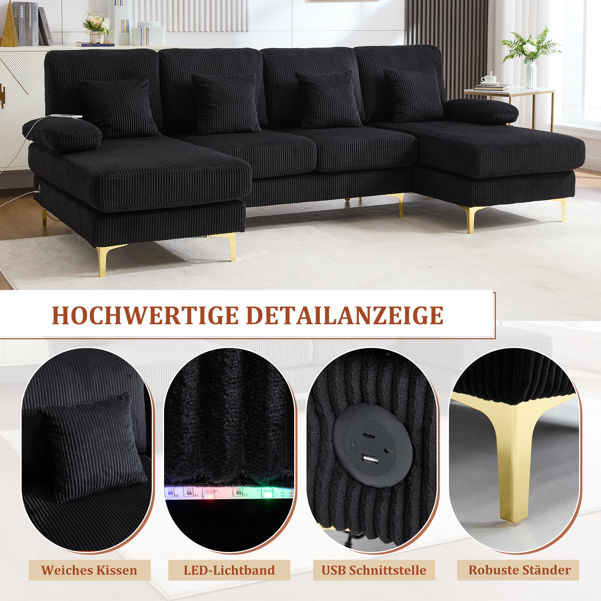 Sapgaks Canapé Moderne en Forme de U avec éclairage d'ambiance LED et Port USB+Type-C,canapé 4 Places avec 4 Coussins Luxueux et Dossier Ergonomique Haut de Gamme,Velours,Noir