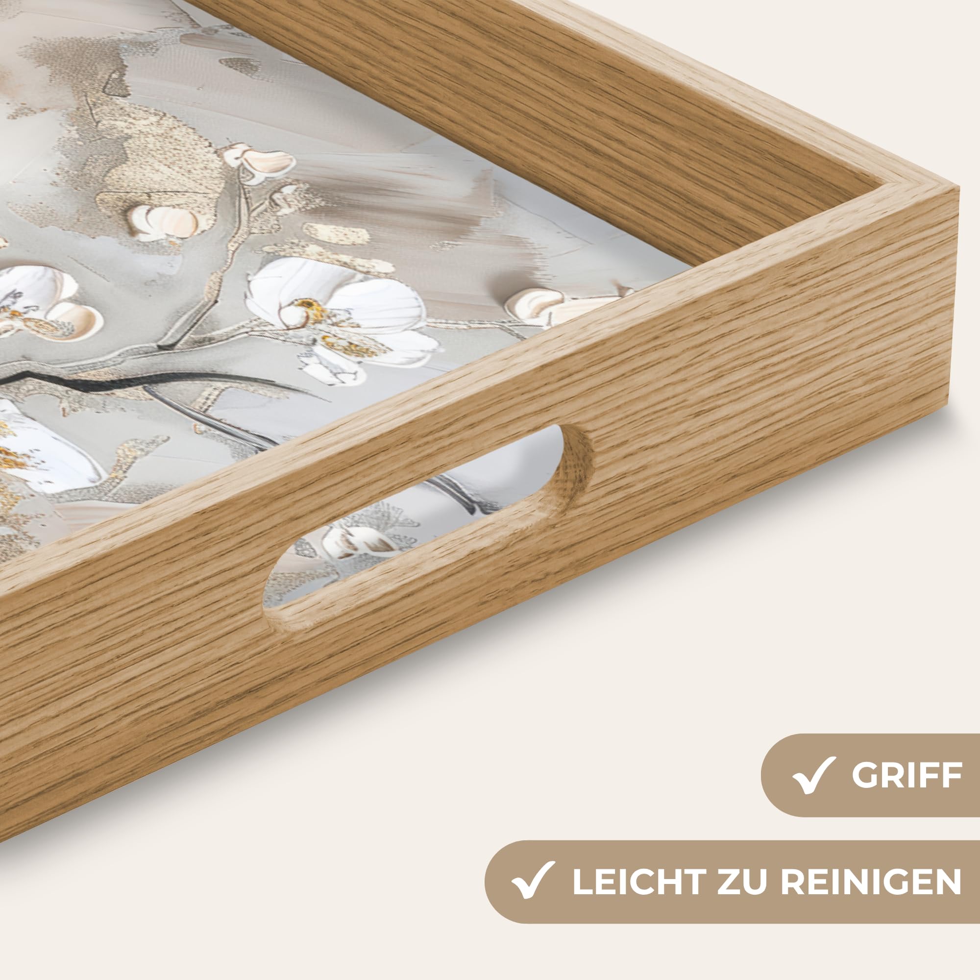 Serviertablett Rechteckig 50x35 cm Servierplatte Eiche Holz Tablett Mit Henkel Tray Kratzfest Kaffeetablett Tabletts Teetablett Blumen - Weiß - Gold - Beige - Luxus