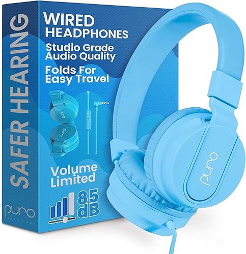 Puro Sound Labs PuroBasic - Auriculares con cable para limitación de volumen para niños, niñas, 2 + diadema plegable y ajustable con micrófono,