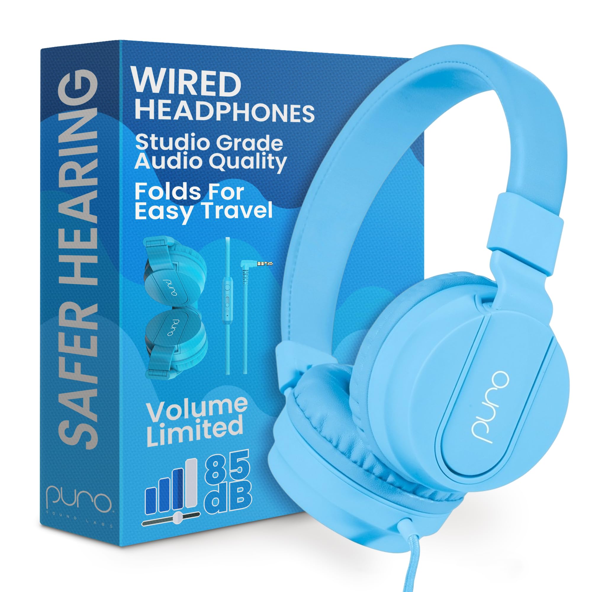 Puro Sound Labs PuroBasic Volume Limited Wired Headset for Kids Boys and Girls Ages 2+ Foldable & Adjustable Headband for iPad/iPhone/Android/PC/Mac, Blue
