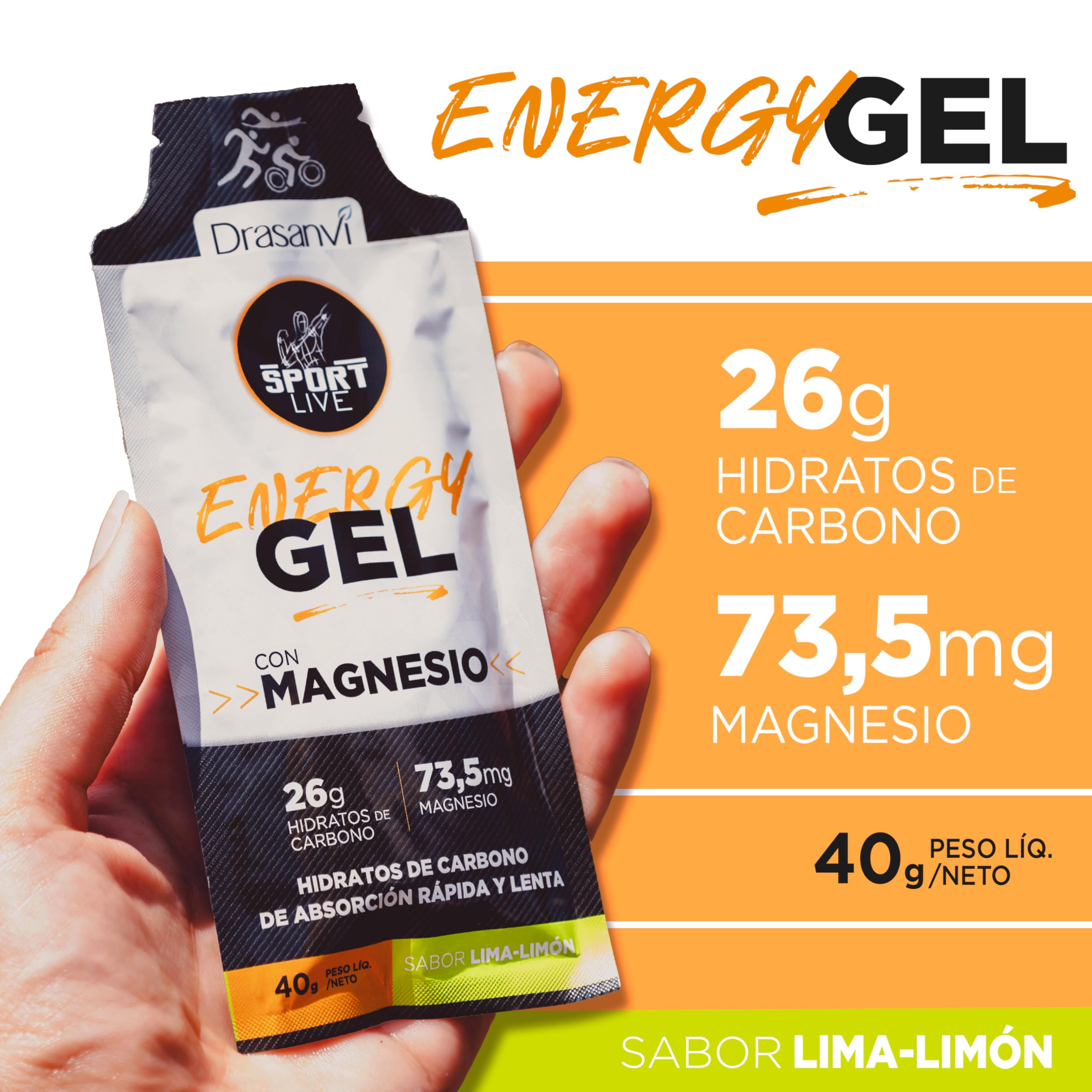 DRASANVI Gel Energético con Magnesio | Más Energía | Acelera la Recuperación Muscular | Rehidratación | Hidratos de Carbono de absorción rápida y lenta | Sabor Lima-Limón | 12 uds x 40g