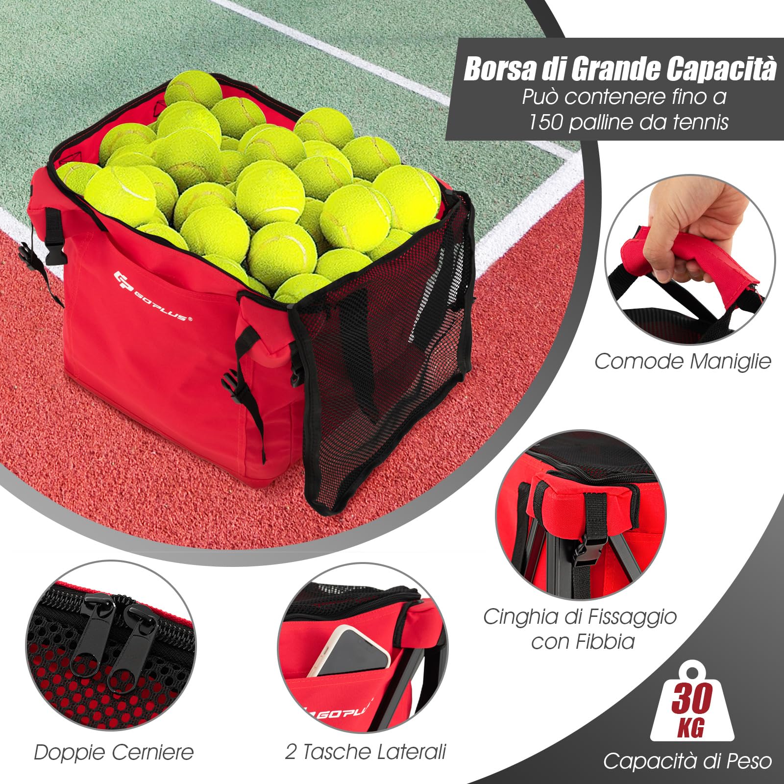 GYMAX Carrello Porta Palline da Tennis Pieghevole in Alluminio e Tessuto Oxford con Capacità di 150 Palline e Sacca Rimovibile, Carrello da Tennis con Ruote per Allenamento, Rosso