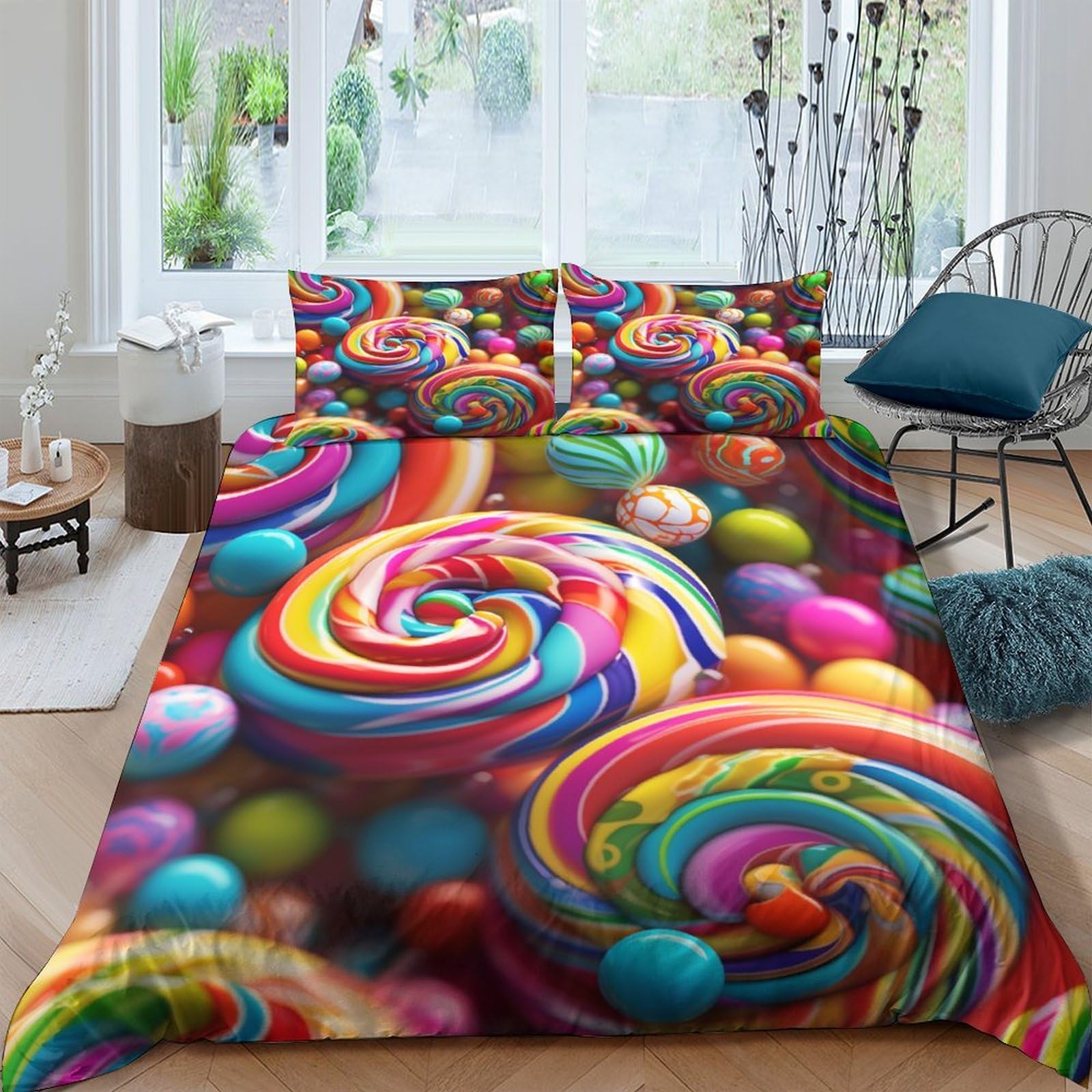 Housse de couette 3D bonbons colorés en microfibre 220x240cm avec ses 2 taies d'oreiller