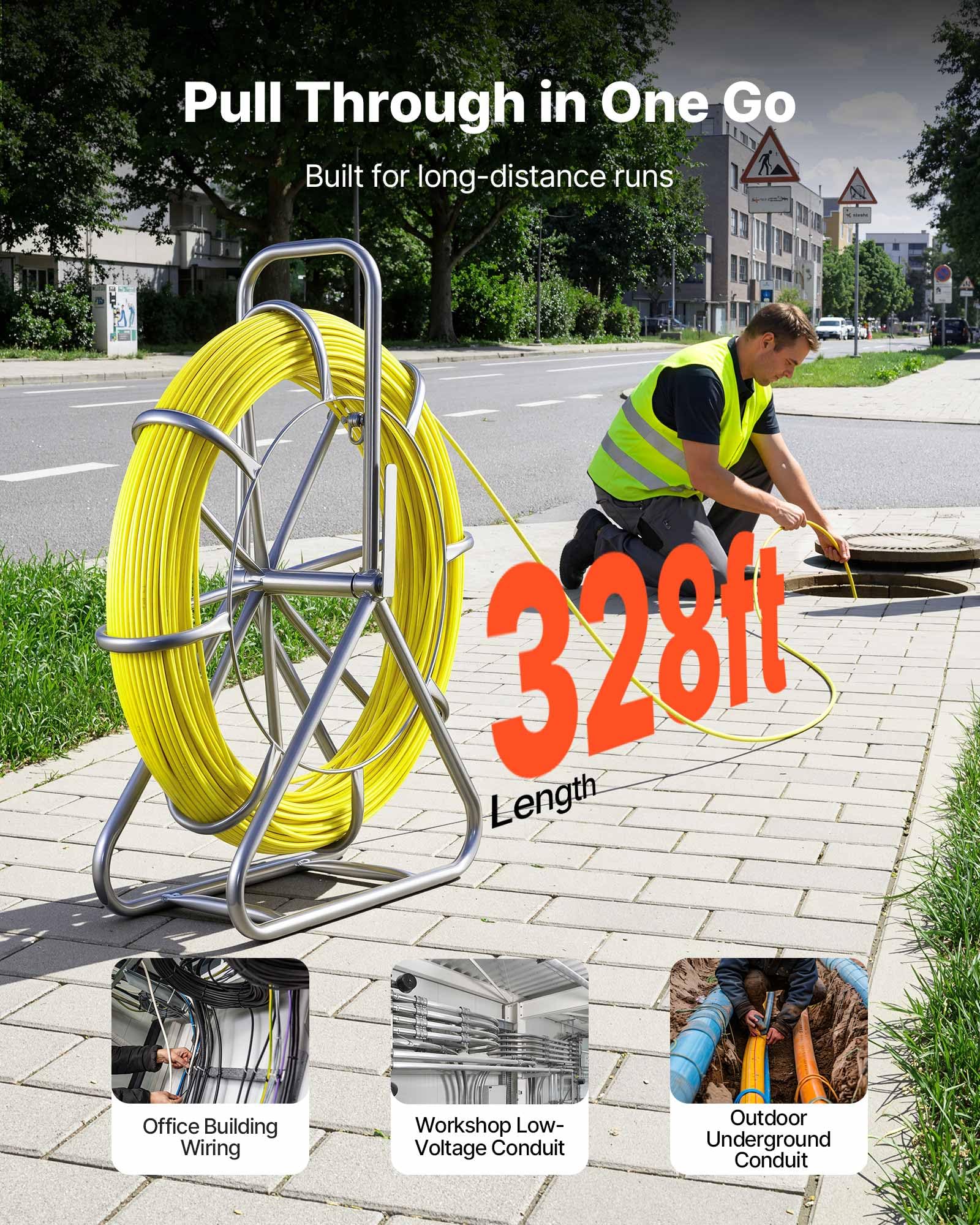 VEVOR Sonda Nastro in Fibra di Vetro Estrattore per Cavi di Vetro Diametro 6,3 m con Supporto Asta per Cavi Lunghezza 100 m Non Conduttivo, Tiracavi per Gestione di Cablaggio 2 Testine di Ricambio