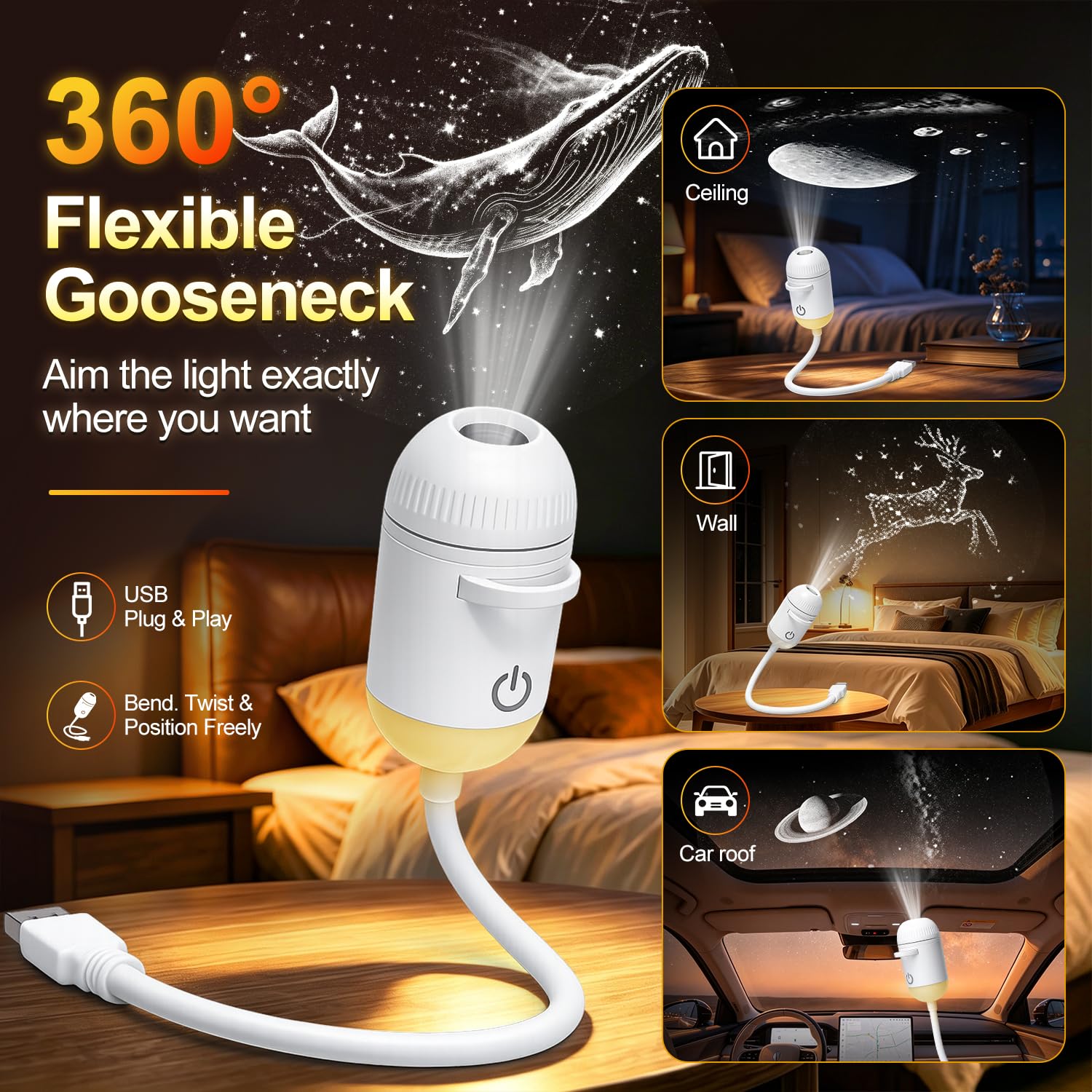 Proyector de galaxia, luz nocturna, lámpara de estrella USB 2 en 1, regalo para niños para dormitorio | Brillo ajustable, decoración de techo para pared de coche y habitación