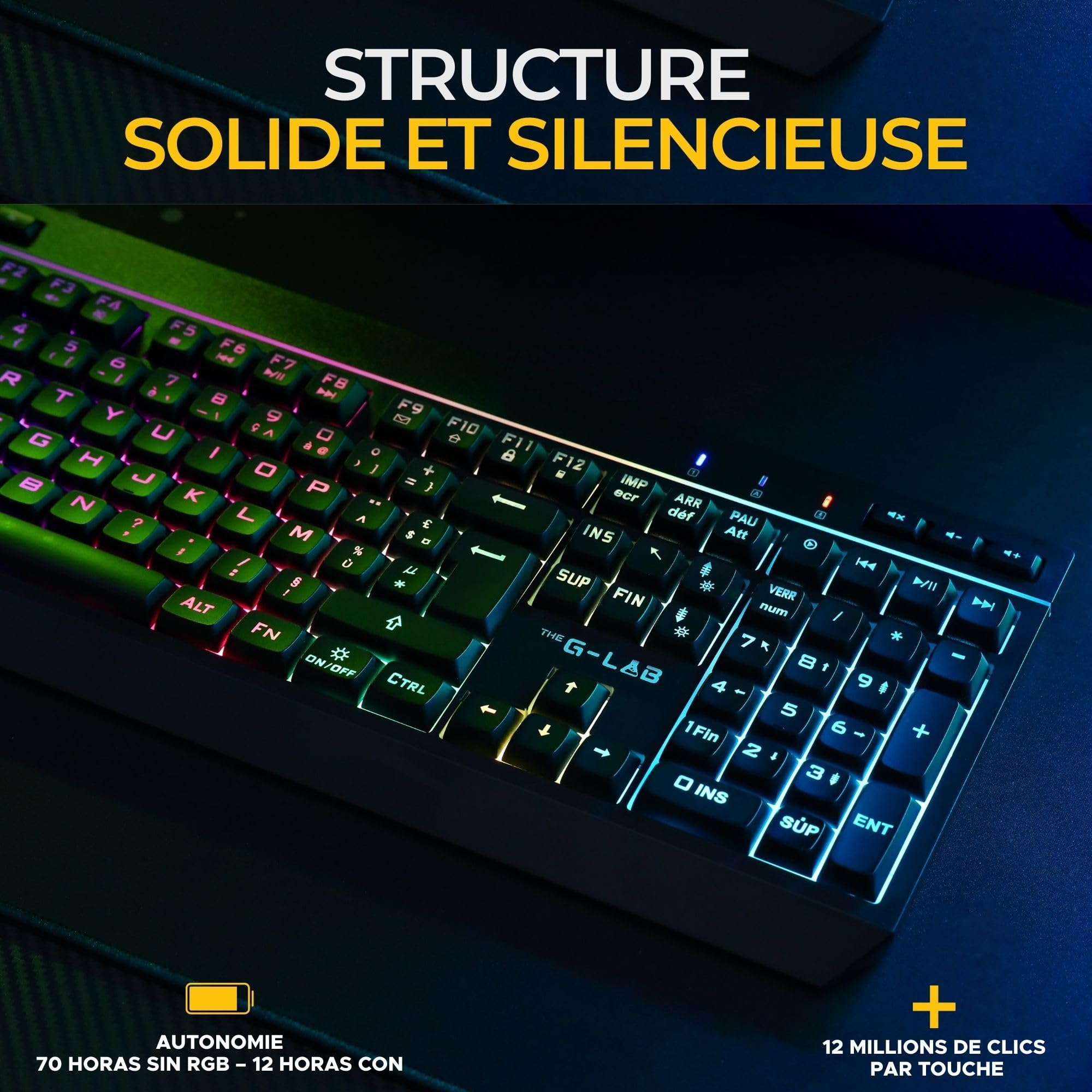 The G-Lab - KEYZ Tungsten EX - Cicha klawiatura membranowa do gier - AZERTY FR - Tryb potrójny (2,4 GHz, BT, przewodowy) - RGB i makra - Dedykowane oprogramowanie - Klawiatura gamingowa PC/PS4/PS5