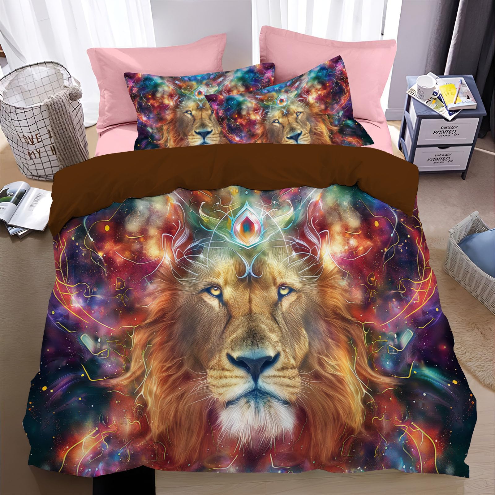 Housse de couette lion 3D parure de lit 220x240 avec taies d'oreiller déco chambre