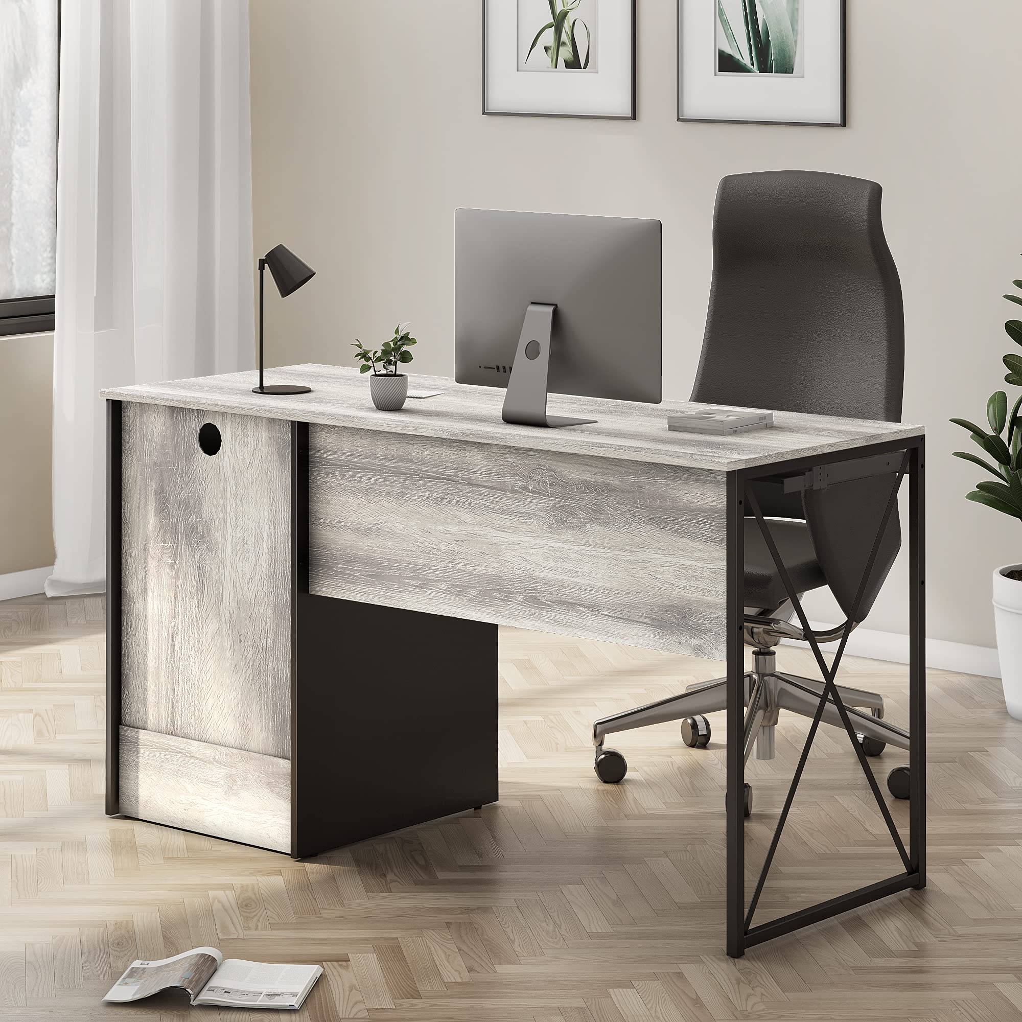 Bestier Industrial Desk with Storage Drawers 55 inch Writing Study Computer Table Workstation with Keyboard Tray for Home Office, Light Gray Oak