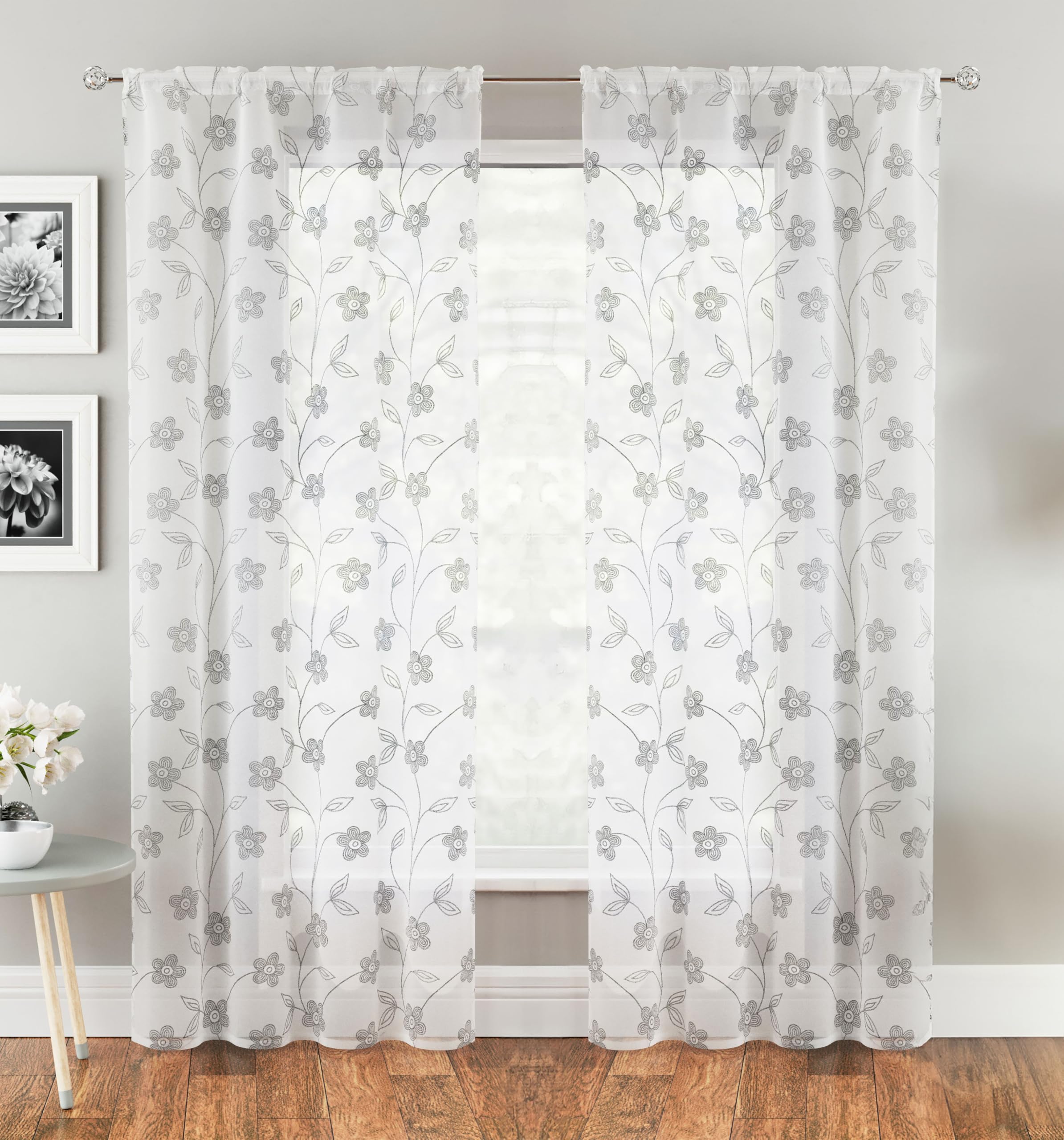 Tyrone Textiles Grey Sienna Floral Voile Net Curtain Panel Pair - 55 X 72 Inch (140 X 183Cm) - Sheer Semi Transparent Slot Top/Rod Pocket Privacy Drapes