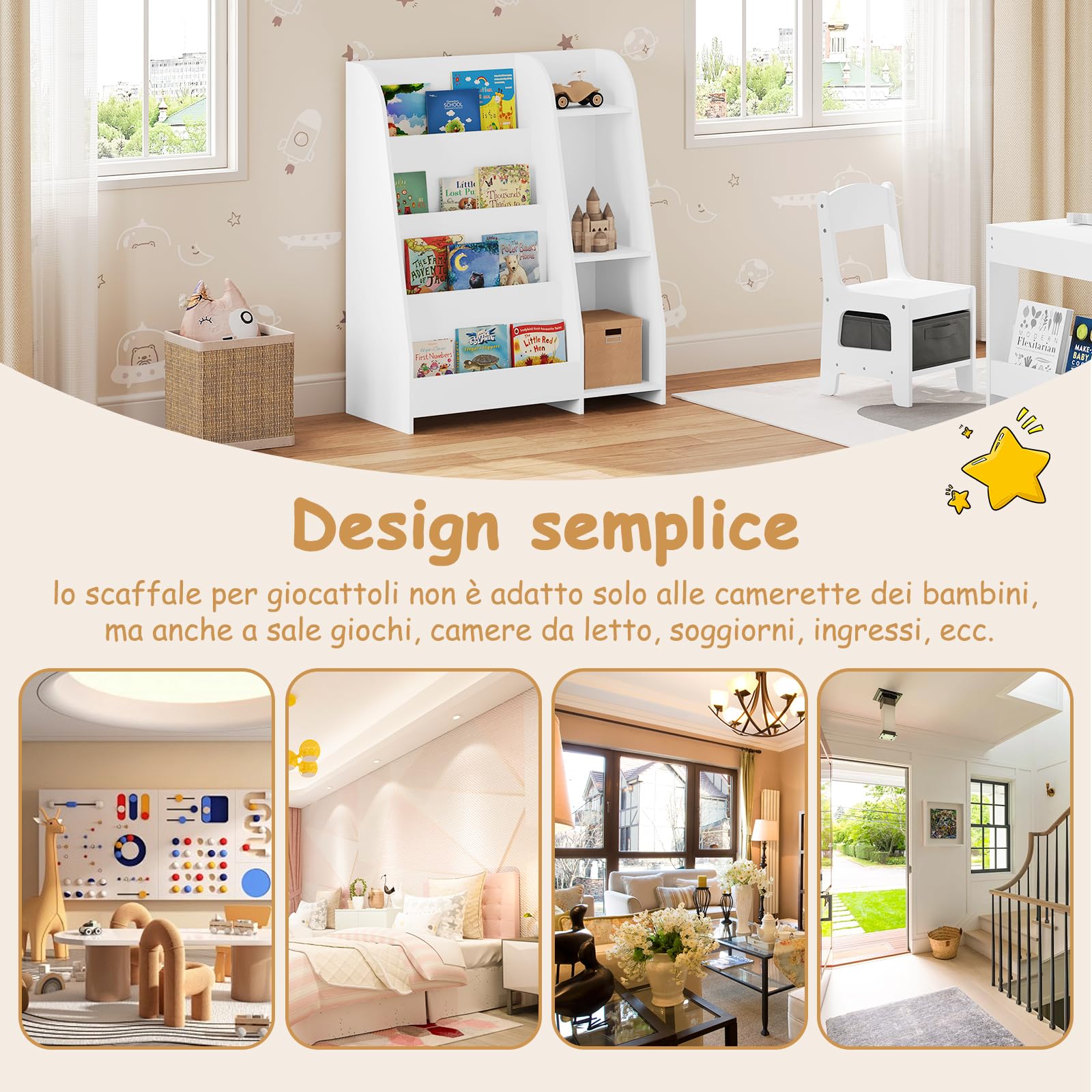 Lestarain Libreria, Scaffale Montessori, con 4 Ripiani e 3 Scomparti, Scaffale per Giocattoli e Libri, Mobile per Cameretta dei Bambini, Bianco, 75x90x34,5 cm