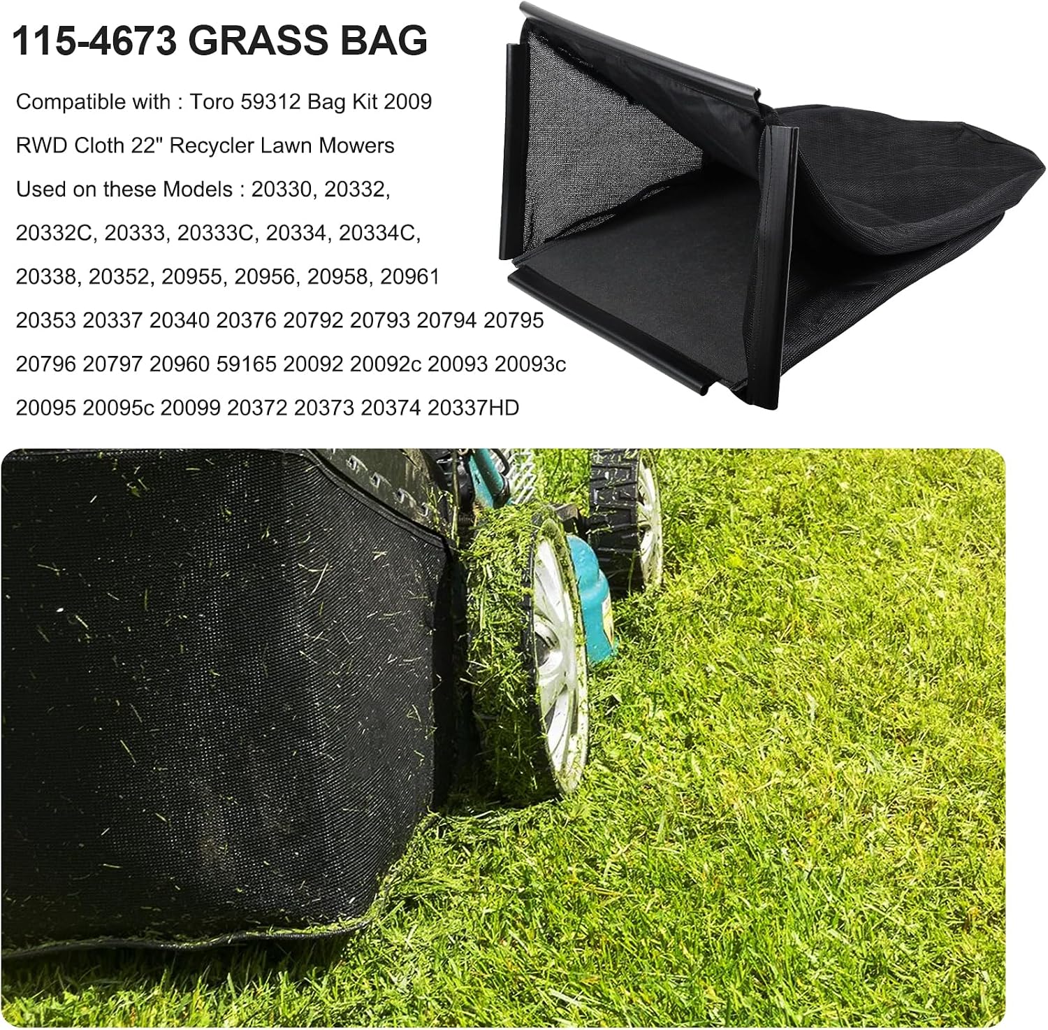 115-4673 Grass Bag Assembly, Compatible with Toro 59312 Bag Kit 2009 RWD Cloth 22" Recycler Lawn Mowers, Fits for Model 20332 20332C 20333 20333C 20334 & More(Without Grass Catcher Frame)