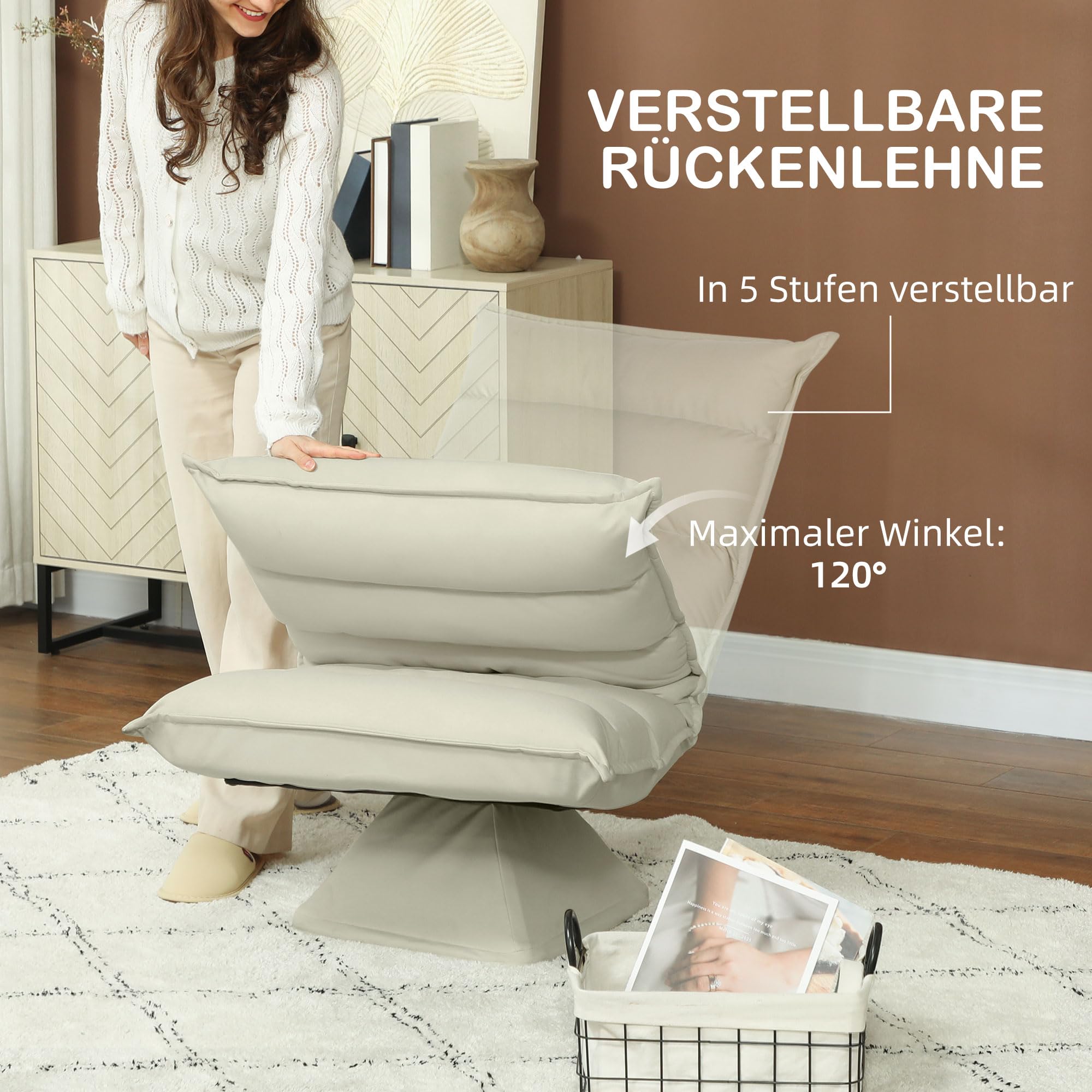 HOMCOM Vloerstoel, 360 graden draaibaar, vloerstoel met verstelbare rugleuning, gestoffeerd, relaxstoel om televisie te kijken, leesstoel, meditatiestoel, lazy sofa, voor meditatie, yoga, thuis, beige