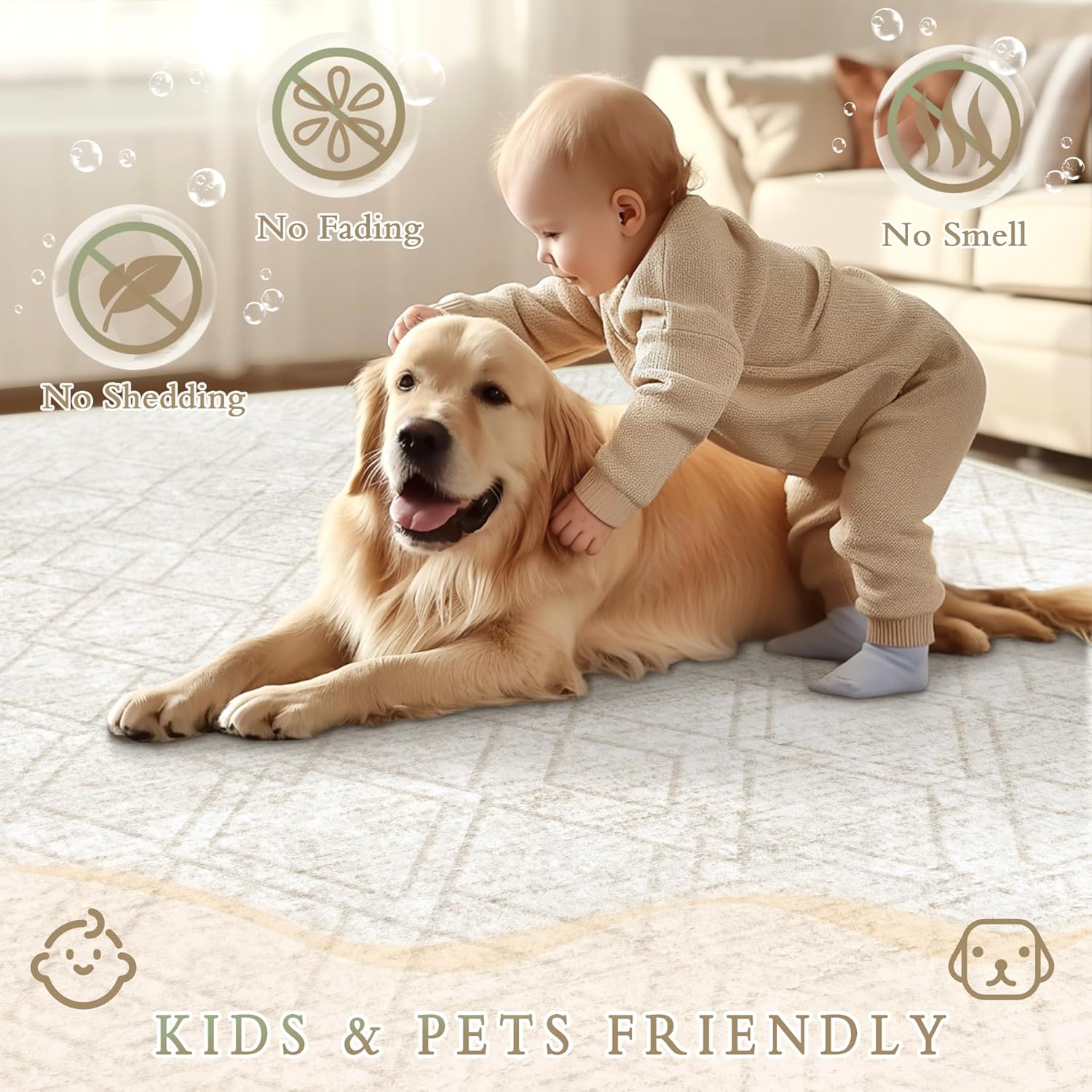 Area Rugs 8x10 Living Room Rug: Washable Geometric Moroccan Neutral Rugs Boho Modern Non Slip Area Rug Large Soft Indoor Floor Low Pile Carpet for Bedroom Dining Room Home Office (Beige, 8'x10')