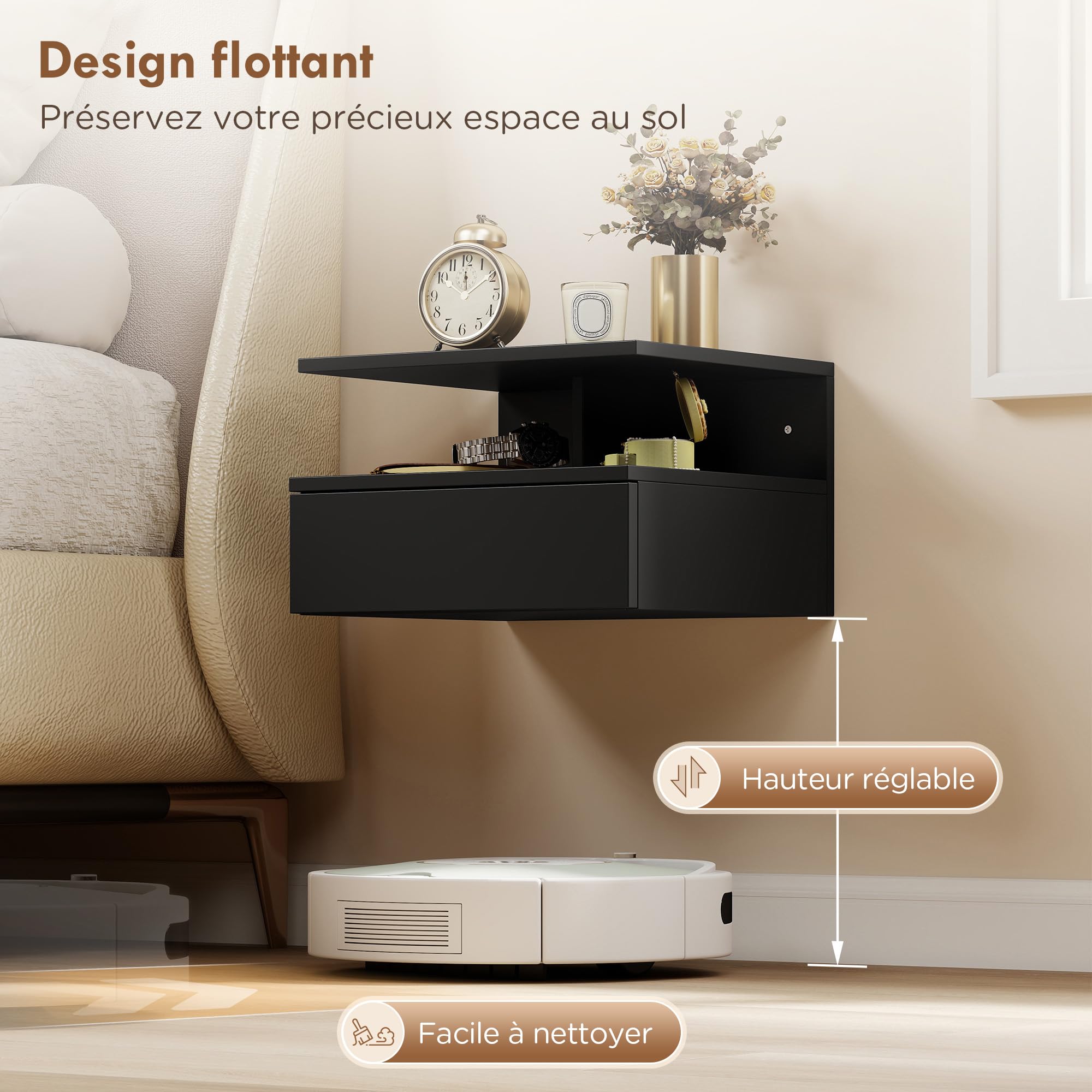 HOMCOM Lot de 2 Tables de Chevet murales, Tables de Nuit suspendues avec tiroir Coulissant, Compartiment Ouvert, Plateau, Style Moderne, pour Chambre à Coucher, 35 x 32 x 22,5 cm, Noir