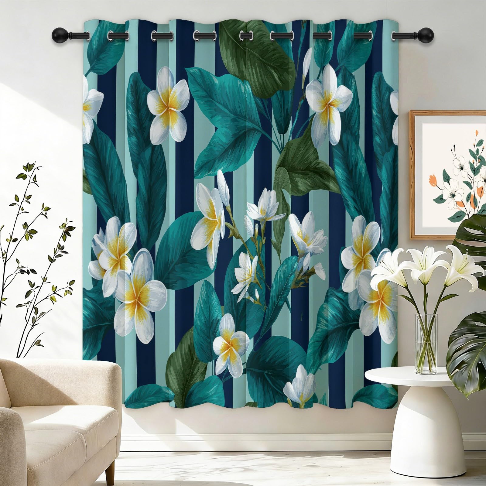 Bunt Blickdicht Vorhänge Wohnzimmer - Minimalistisch Streifen Tropisch Blumen Pflanzen Vorhänge mit Ösen Themovorhang Verdunkelungsvorhänge für Schlafzimmer Kinderzimmer, B75 x H166 cm 2er Set