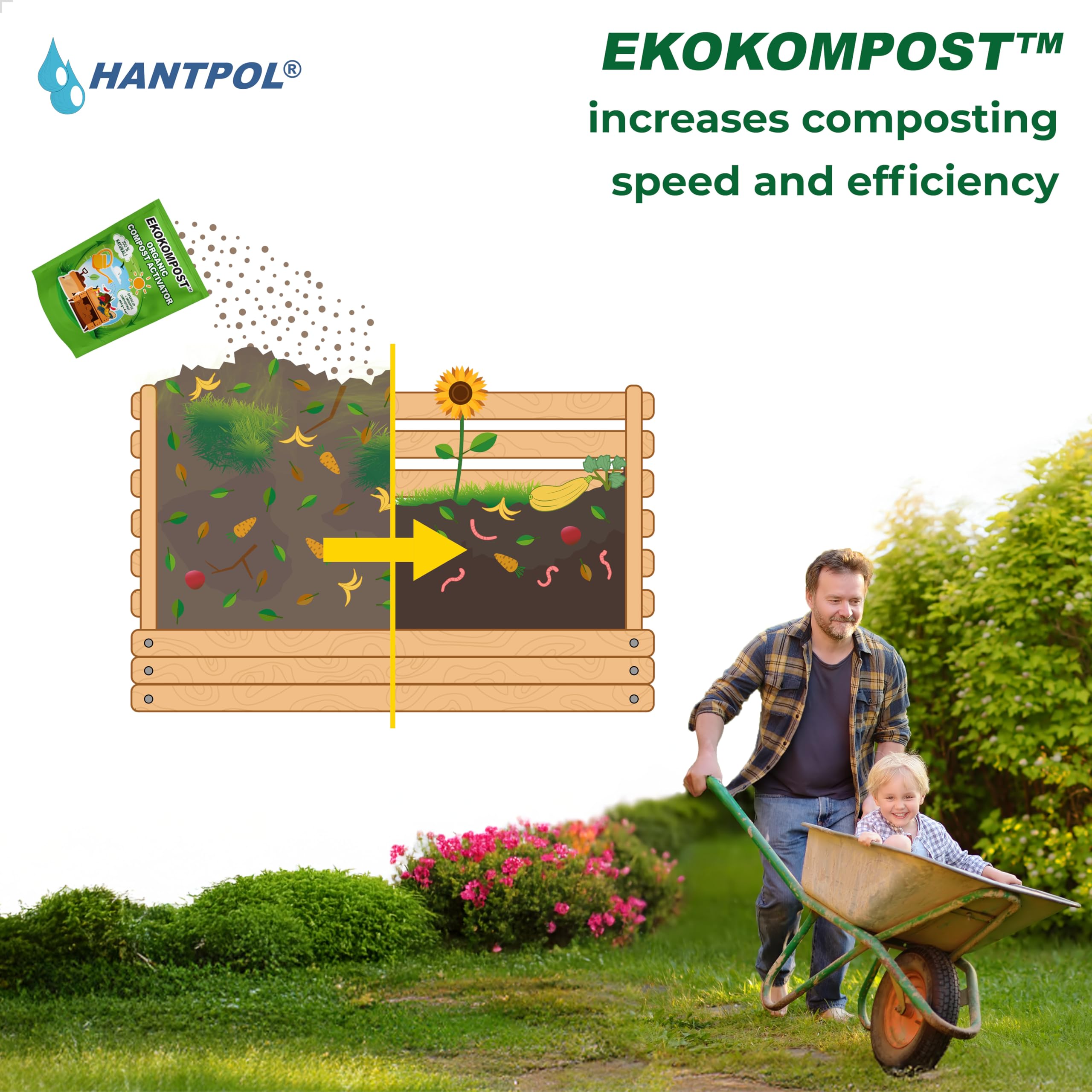 EKOKOMPOST przyspieszacz kompostowania - Naturalny mikrobiologiczny środek wspomagający kompostowanie -Pożyteczne bakterie i grzyby - 2x 400g na 8000 litrów/8m3 kompostu