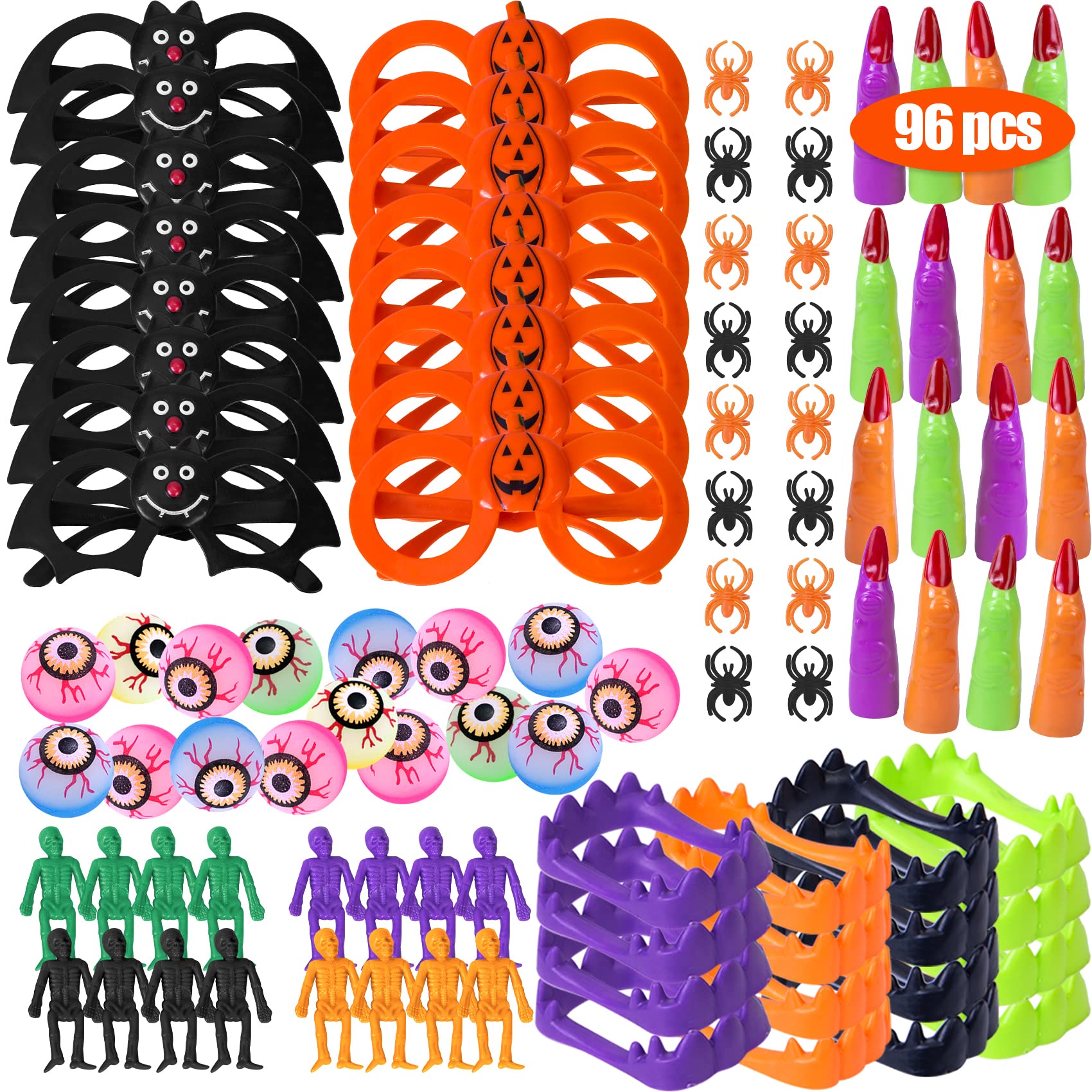 96Pcs Halloween Party Favors, Halloween Toys for Kids Trick or Treat with Bat and Pumpkin Glasses, Spider Rings, Gummy Eyeballs Bouncy Ball and Halloween Treats Non Candy for Gifts Classroom Prizes