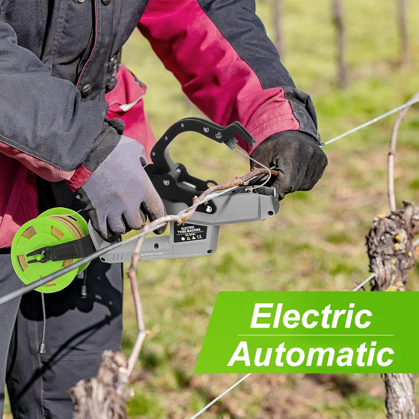 Herramienta atadora de vides con 2 Rollos de Cinta para Uvas, Tomates, pepinos, frambuesas y vides de hortalizas. Máquina eléctrica para Atar Ramas: Soporte para Plantas Esfuerzo.