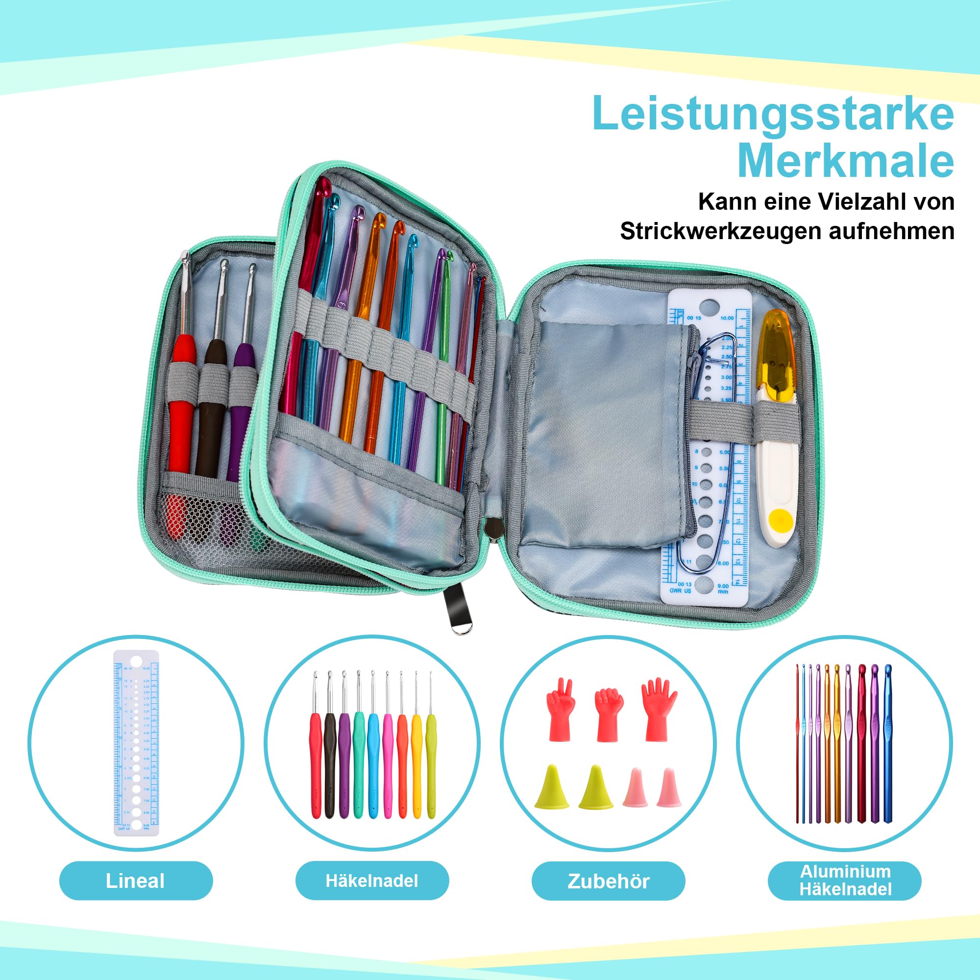 JOZEA Custodia per uncinetto con cerniera e tasche Web per ferri da uncinetto, borsa organizer leggera per kit di lavoro a maglia (motivo blu)