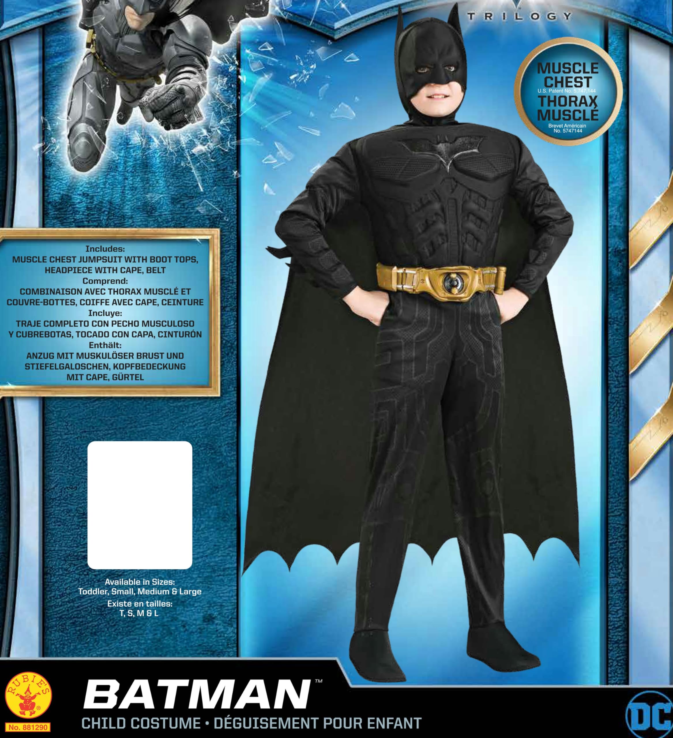 Rubies Offizielles Batman Begins Dark Knight Muskelkostüm für Kinder – Jumpsuit, Umhang, Gürtel & Maske enthalten