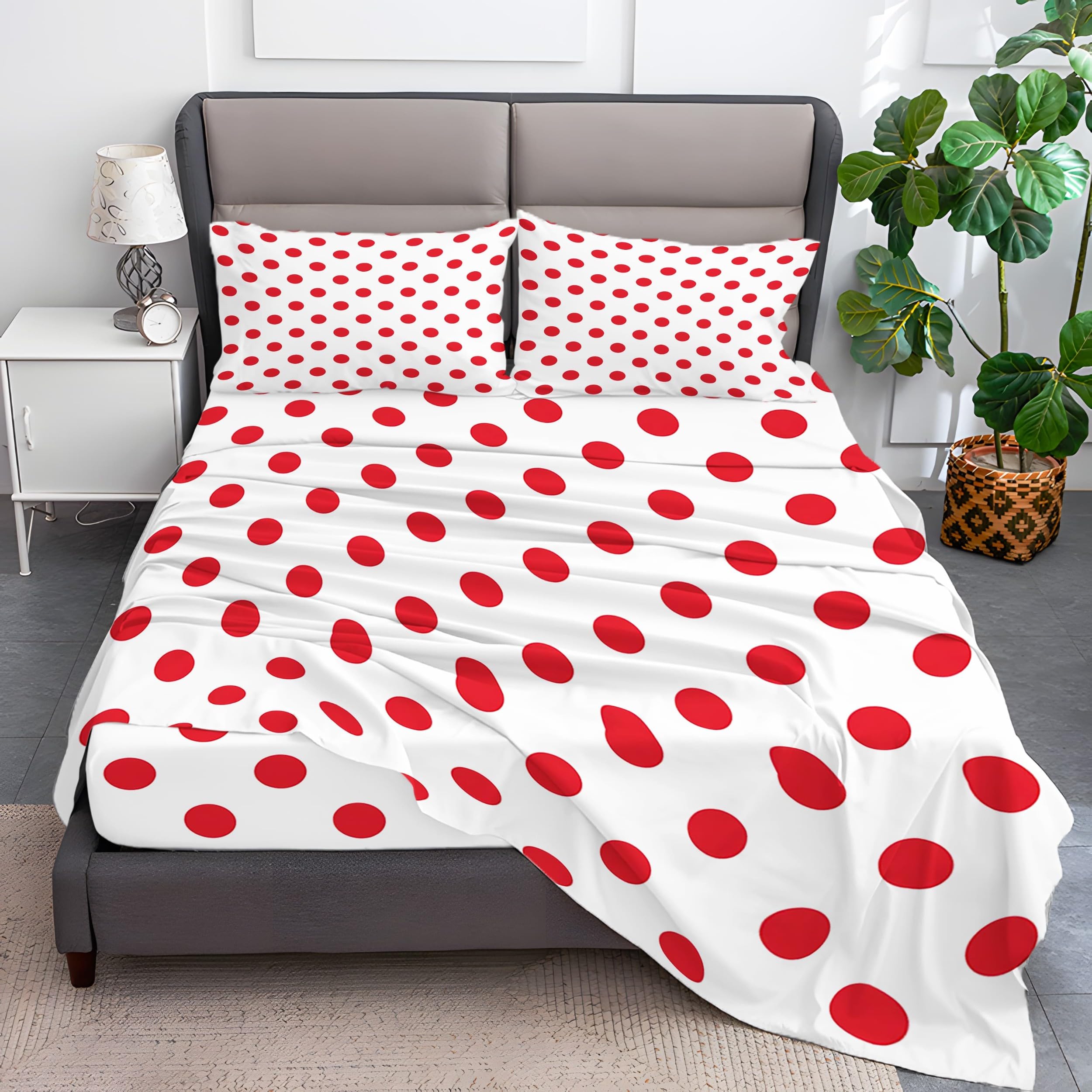 King Fitted Sheet Flat Sheet Set, Red Polka Dot Print Ultra Soft Bed Sheets Set - White 4 Piece Bedding Set for Adult Children (1 Fitted Sheet Deep