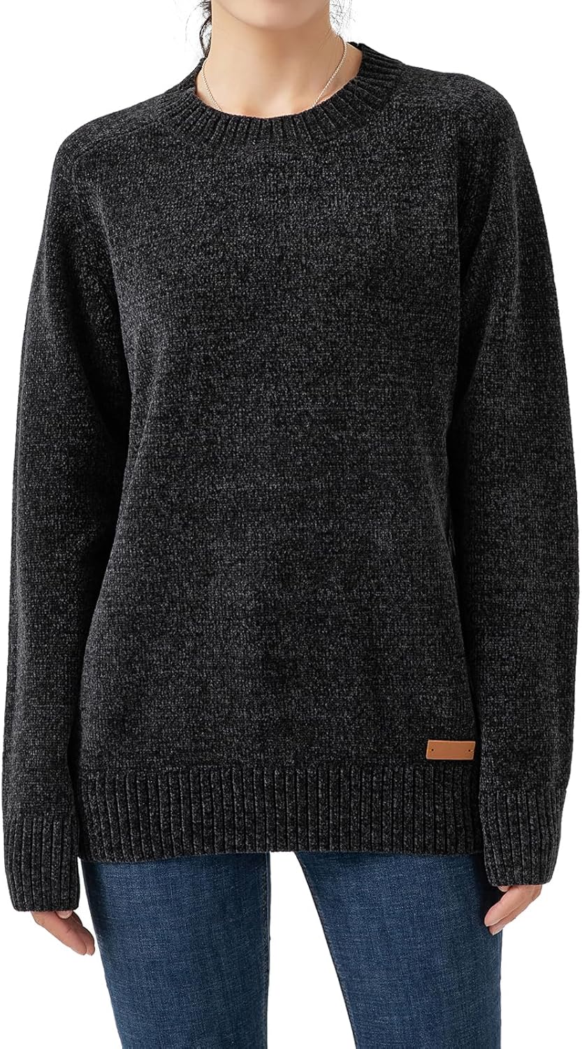 Simple&Opulence Women's Chenille Sweater Crewneck Long Sleeve Pullover Ribbed Cuff Hem Round Neck Jumper Tops