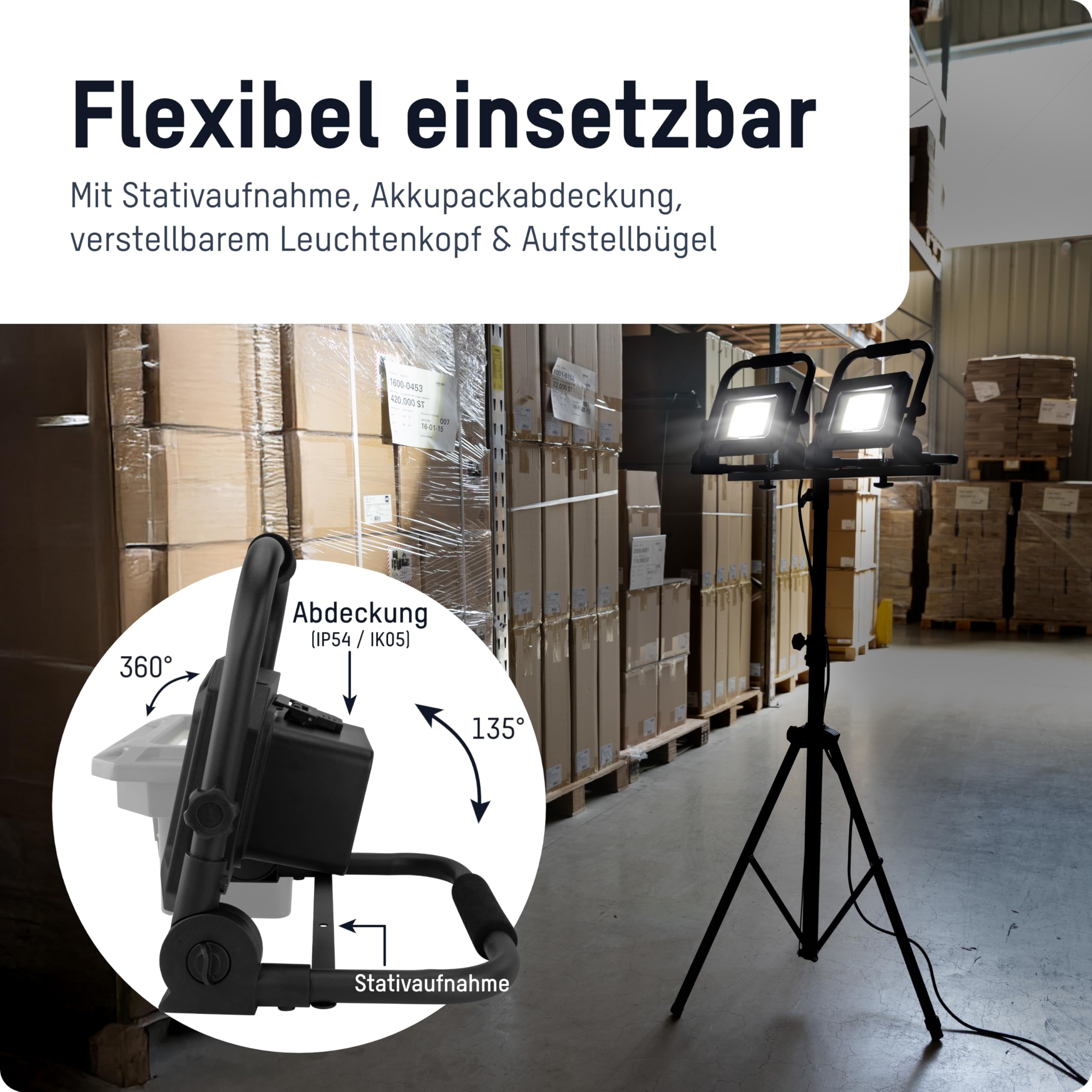 ANSMANN LED Arbeitsleuchte, kompatibel mit 18V Akkupacks, inkl. Adapterplatten für Bosch, Makita, Milwaukee/Dewalt, robuster Baustrahler für Werkstatt, Baustelle 50 Watt, 3 Helligkeitsstufen