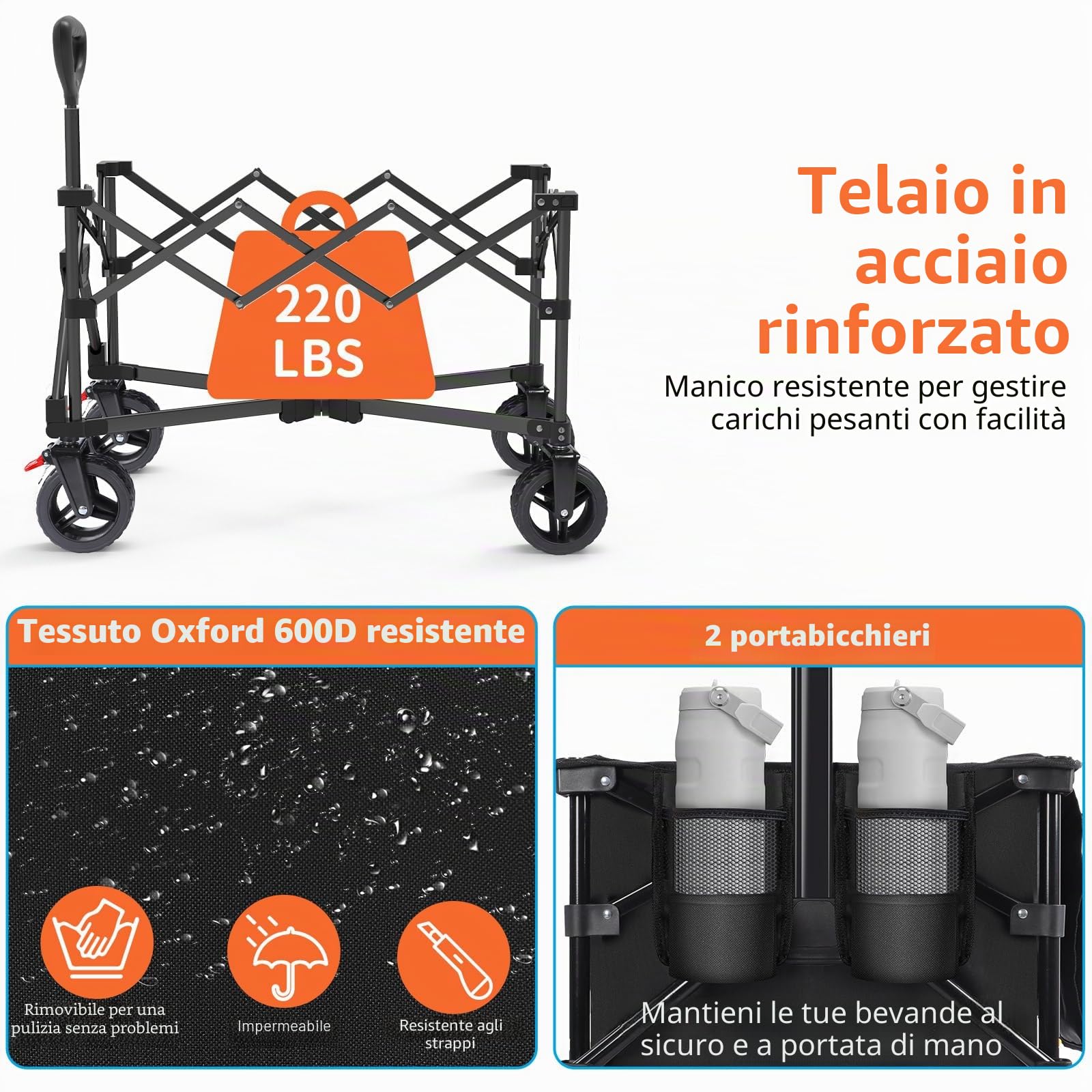 BELEEV Carrello Spiaggia Con Freno, Carrello da giardino pieghevole adatto a tutti i terreni, Ruote girevoli a 360°Grande capacità 130L 100KG, Carro Plegable Spesa Giardino Campeggio Shopping Sport