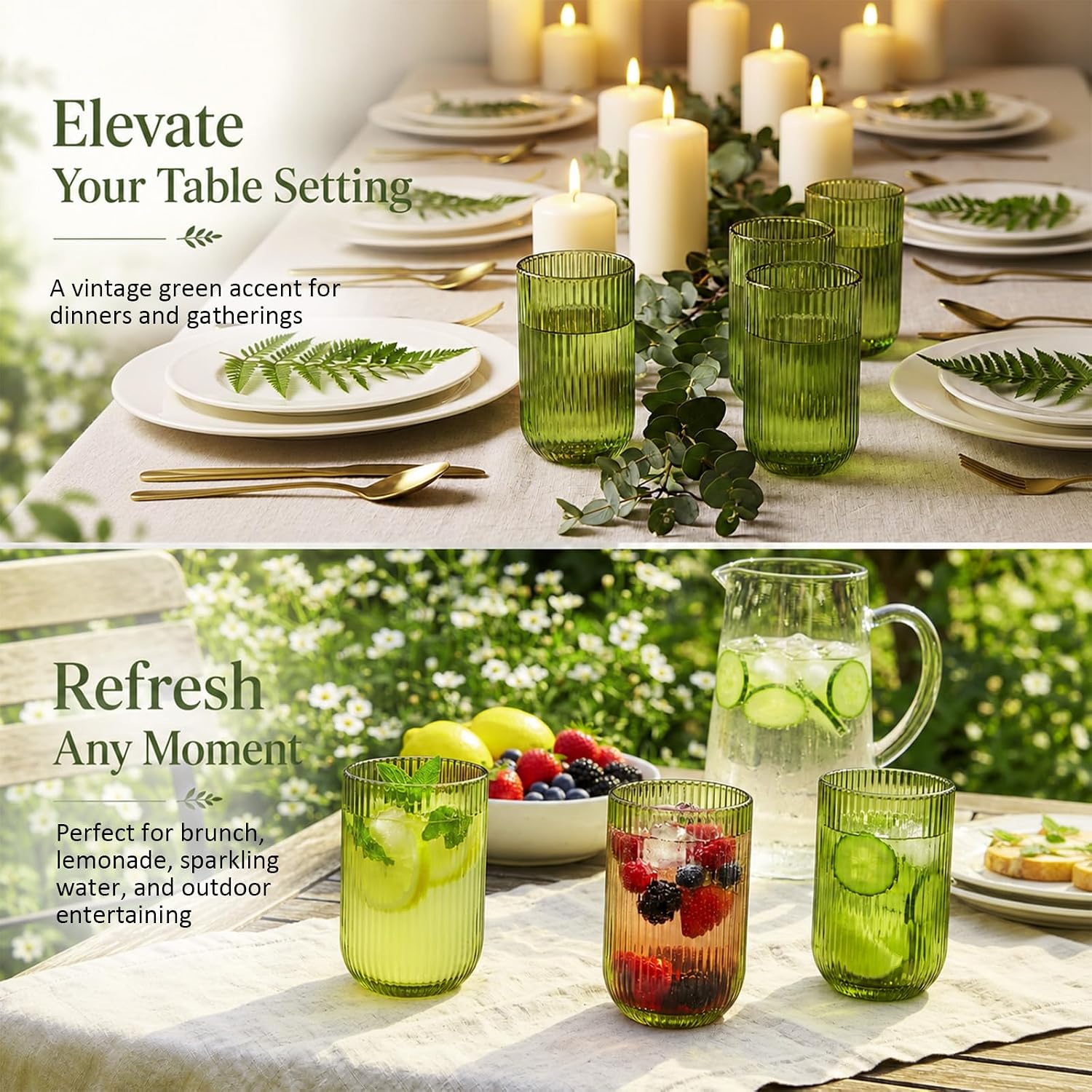 Reallnaive Green Tumbler Fluted Drinking Glasses Set of 8,14oz