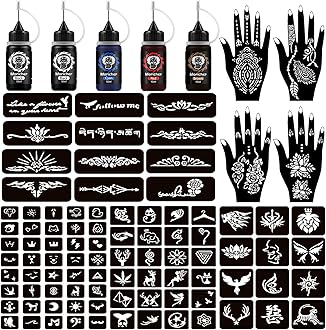 MoricherTemporary Tattoo Kits 5 Inks 102 Stencils with Mandala Stencils Semi Permanent Tattoo for Women Men Kids DIY Art Painting Party Gifts