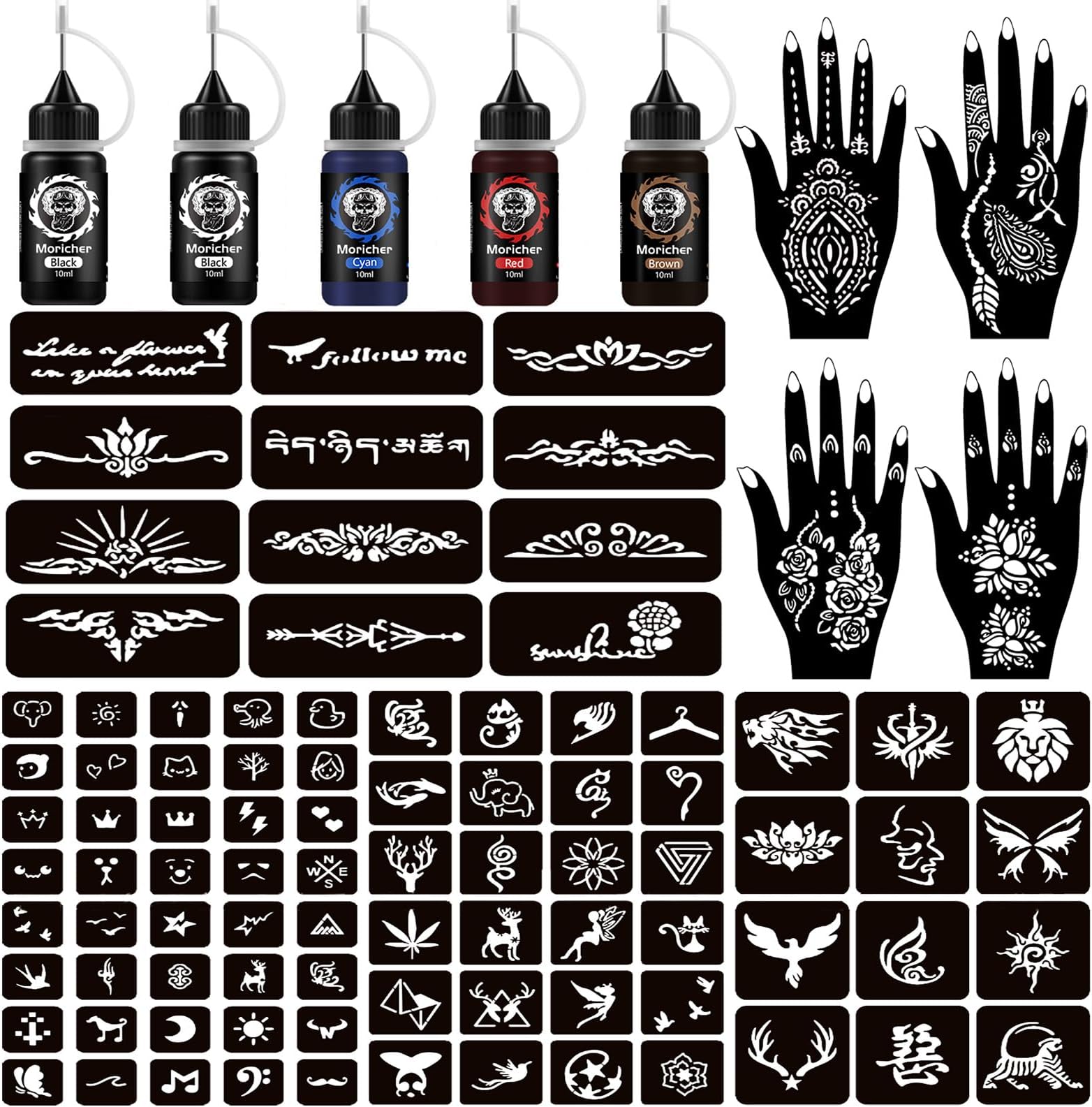 Moricher Temporary Tattoo Kits 5 Inks 102 Stencils, Henna Tattoo Kit with Mandala Stencils Semi Permanent Tattoo Markers Jagua Gel for Women Men Kids DIY Art Painting Party Gifts