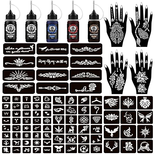 Moricher Kit de tatuaje temporal de 5 tintas, 102 plantillas, kit de tatuaje de henna con plantillas de mandala, marcadores de tatuaje