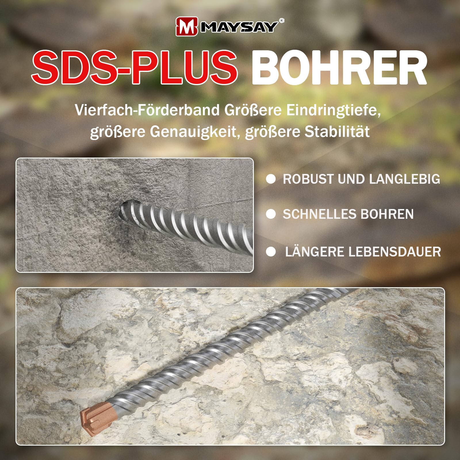 Maysay SDS Plus - Broca para martillo perforador (35 x 600 mm, con 4 cuchillas de metal duro), para piedra, hormigón, madera, ladrillo y azulejos