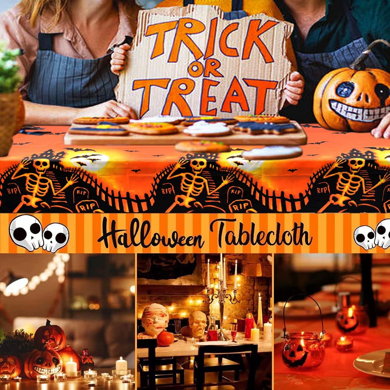 Nappe D'Halloween 3 Pièces - 137 X 182 Cm - Plastique Imperméable - Motif Citrouille - Pour Décoration De Fête